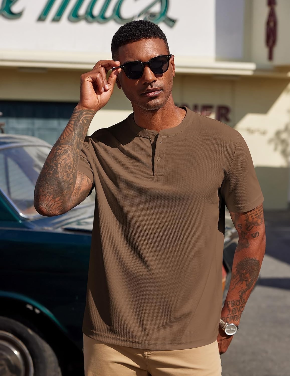 image:imageCOOFANDY Mens Henley Shirts Short Sleeve Texture Casual Button Henley Summer Classic Basic Tee ShirtsBrowm