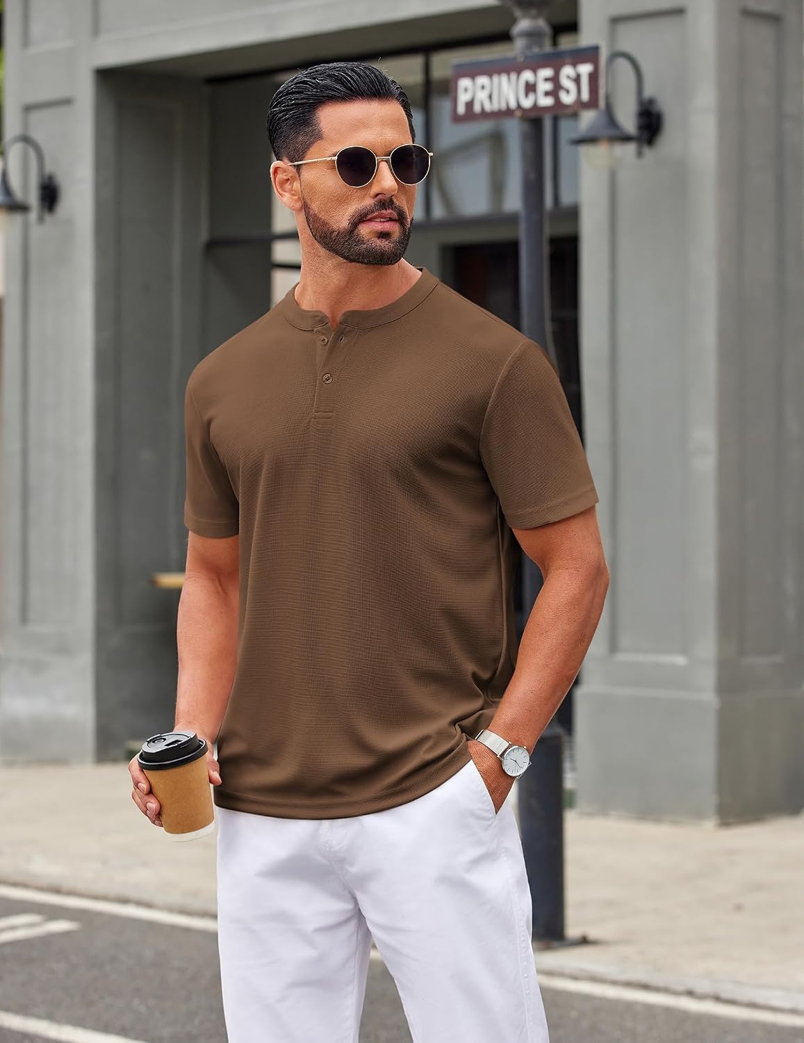 image:imageCOOFANDY Mens Henley Shirts Short Sleeve Texture Casual Button Henley Summer Classic Basic Tee ShirtsBrowm