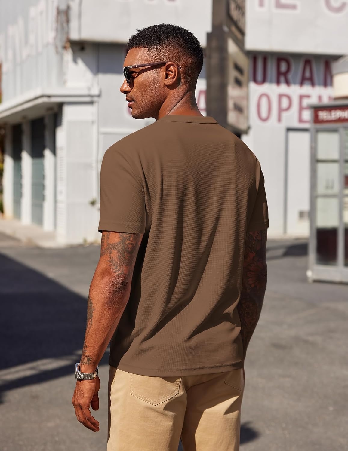 image:imageCOOFANDY Mens Henley Shirts Short Sleeve Texture Casual Button Henley Summer Classic Basic Tee ShirtsBrowm