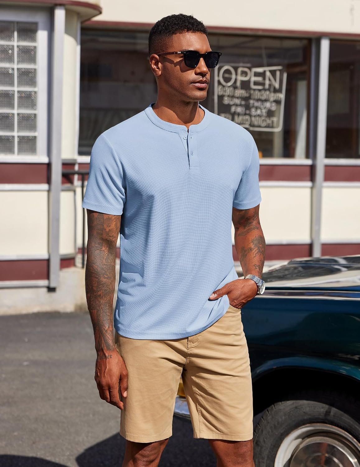 image:imageCOOFANDY Mens Henley Shirts Short Sleeve Texture Casual Button Henley Summer Classic Basic Tee ShirtsLight Blue