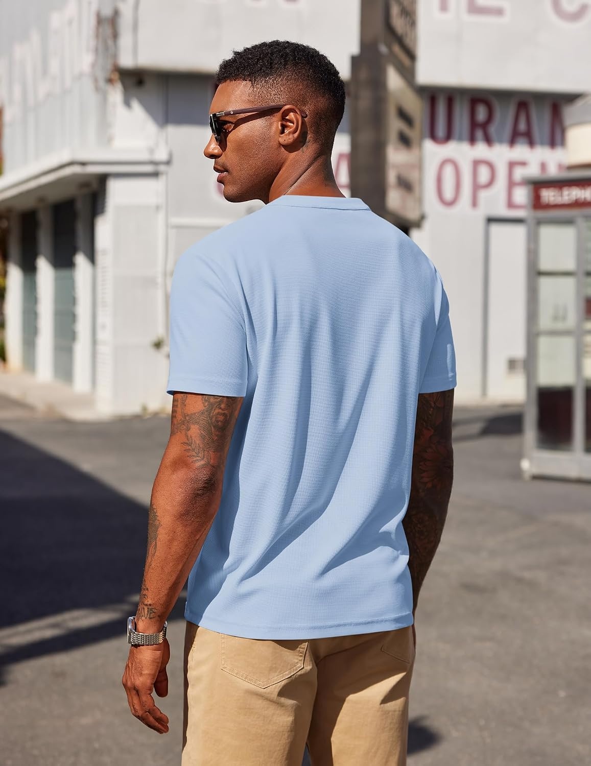 image:imageCOOFANDY Mens Henley Shirts Short Sleeve Texture Casual Button Henley Summer Classic Basic Tee ShirtsLight Blue