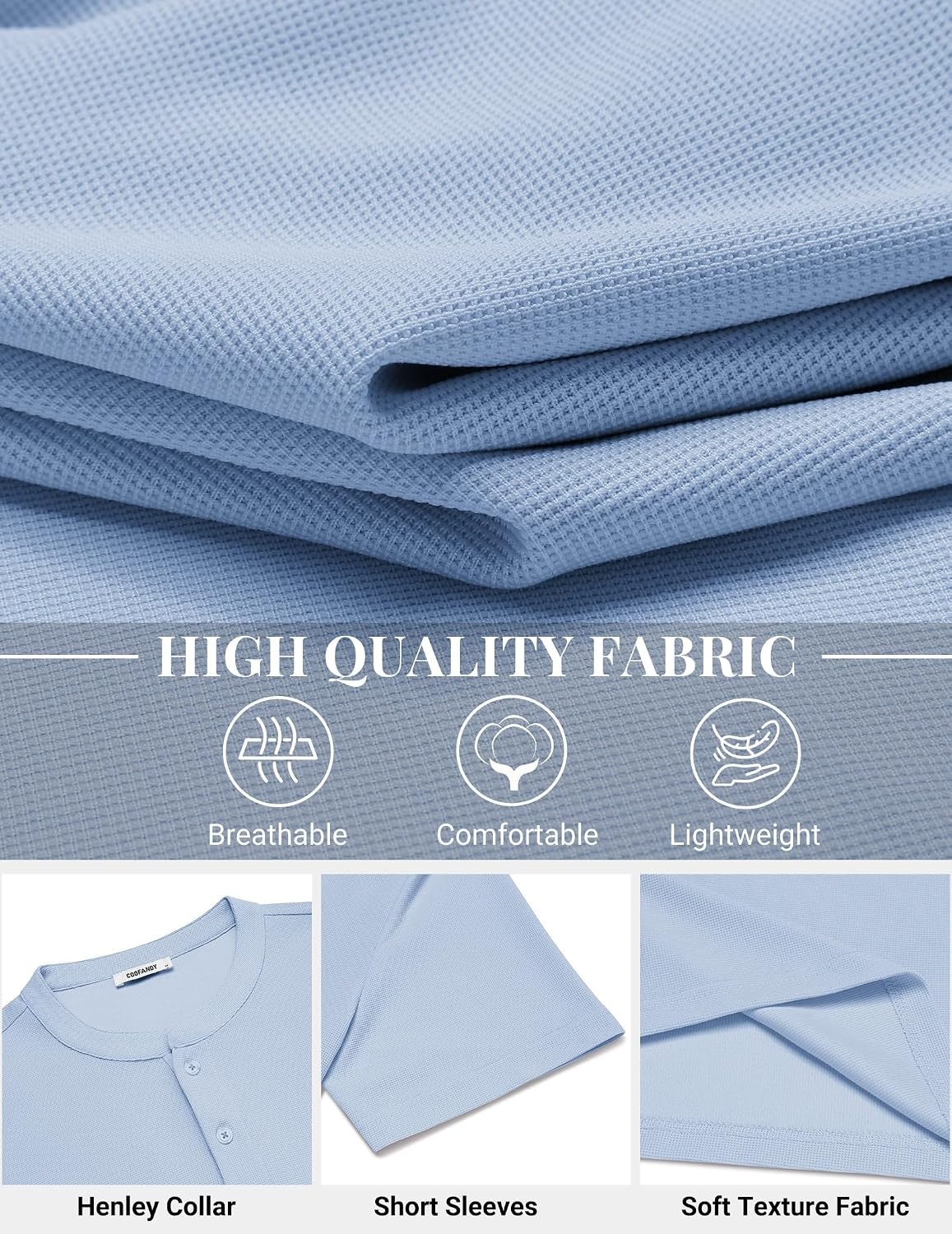 image:imageCOOFANDY Mens Henley Shirts Short Sleeve Texture Casual Button Henley Summer Classic Basic Tee ShirtsLight Blue