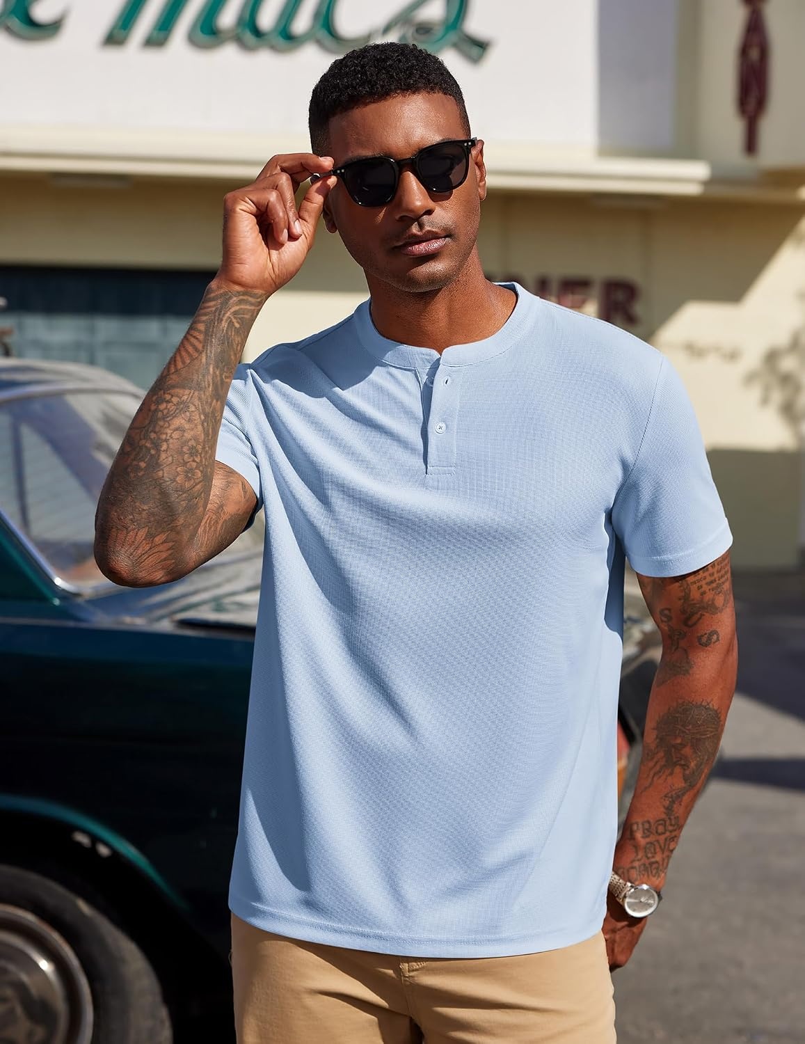 image:imageCOOFANDY Mens Henley Shirts Short Sleeve Texture Casual Button Henley Summer Classic Basic Tee ShirtsLight Blue