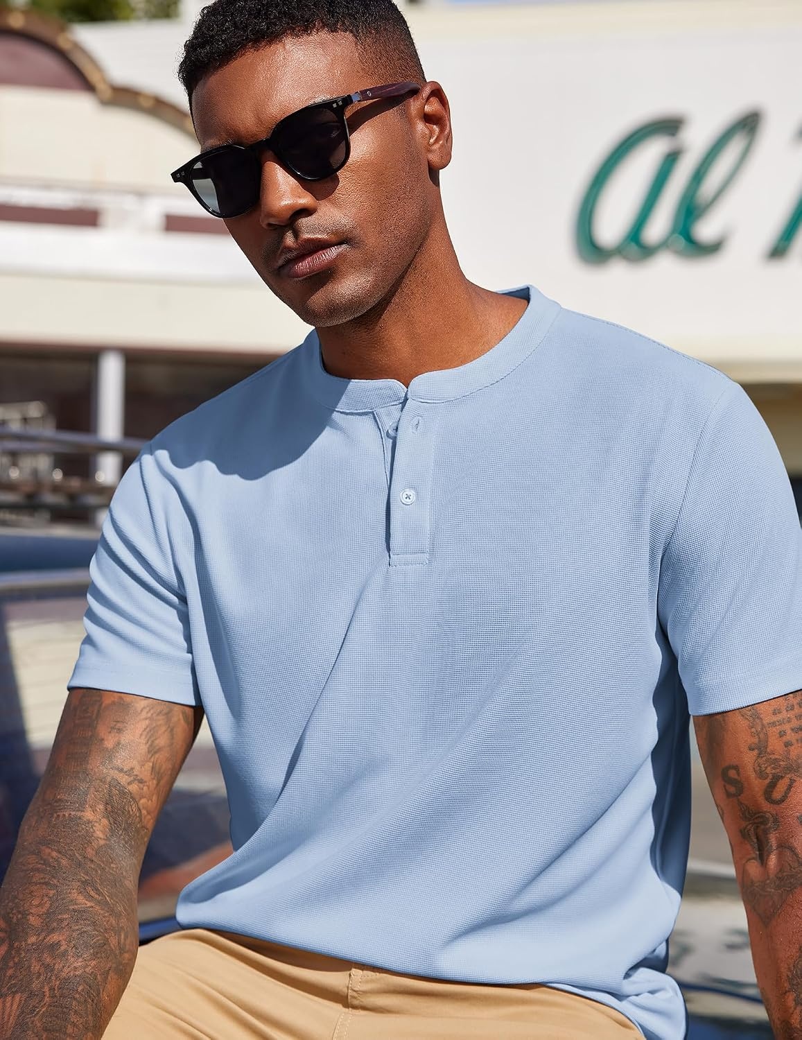image:imageCOOFANDY Mens Henley Shirts Short Sleeve Texture Casual Button Henley Summer Classic Basic Tee ShirtsLight Blue