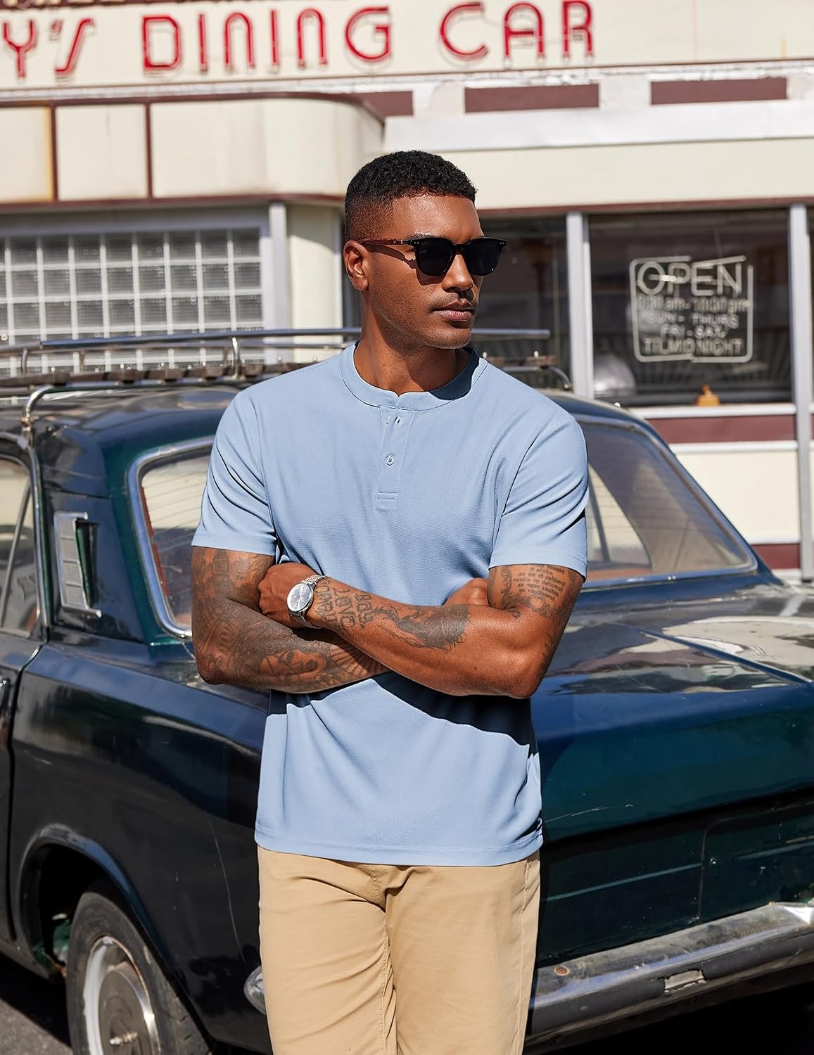 image:imageCOOFANDY Mens Henley Shirts Short Sleeve Texture Casual Button Henley Summer Classic Basic Tee ShirtsLight Blue
