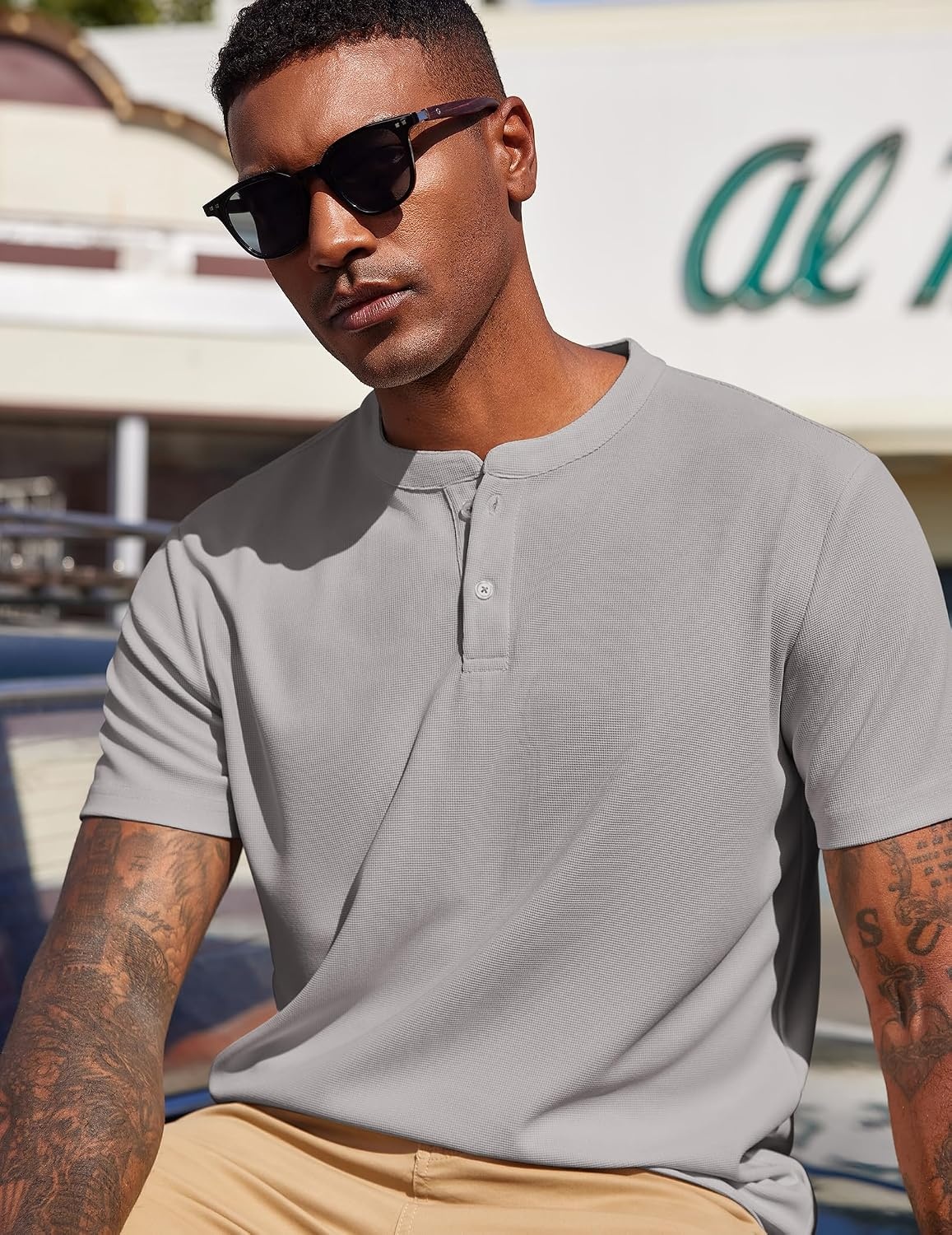image:imageCOOFANDY Mens Henley Shirts Short Sleeve Texture Casual Button Henley Summer Classic Basic Tee ShirtsLight Grey