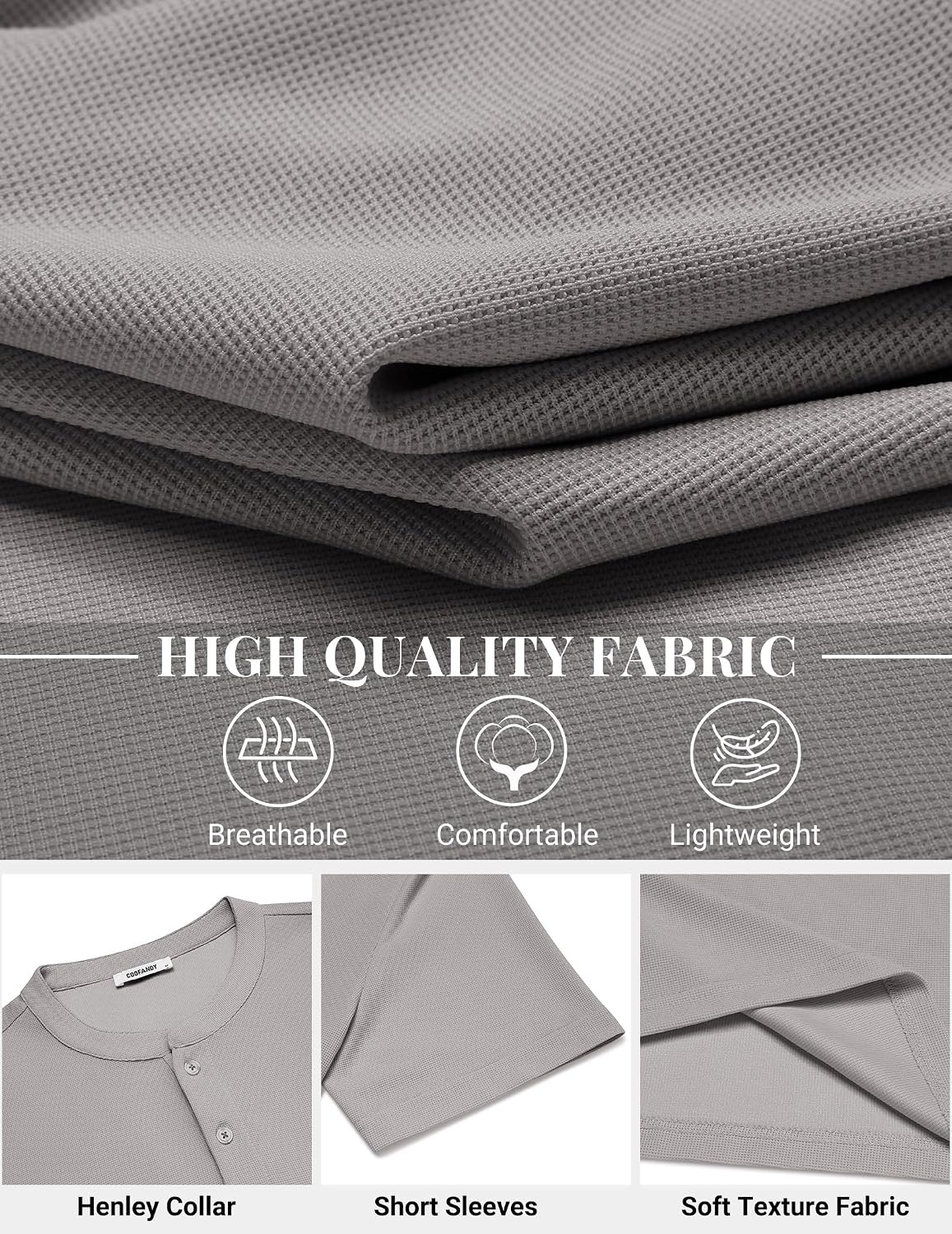 image:imageCOOFANDY Mens Henley Shirts Short Sleeve Texture Casual Button Henley Summer Classic Basic Tee ShirtsLight Grey