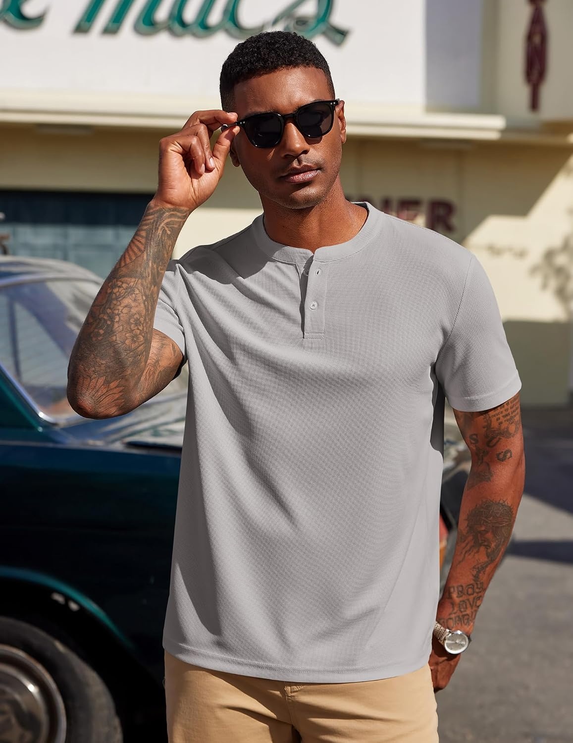image:imageCOOFANDY Mens Henley Shirts Short Sleeve Texture Casual Button Henley Summer Classic Basic Tee ShirtsLight Grey
