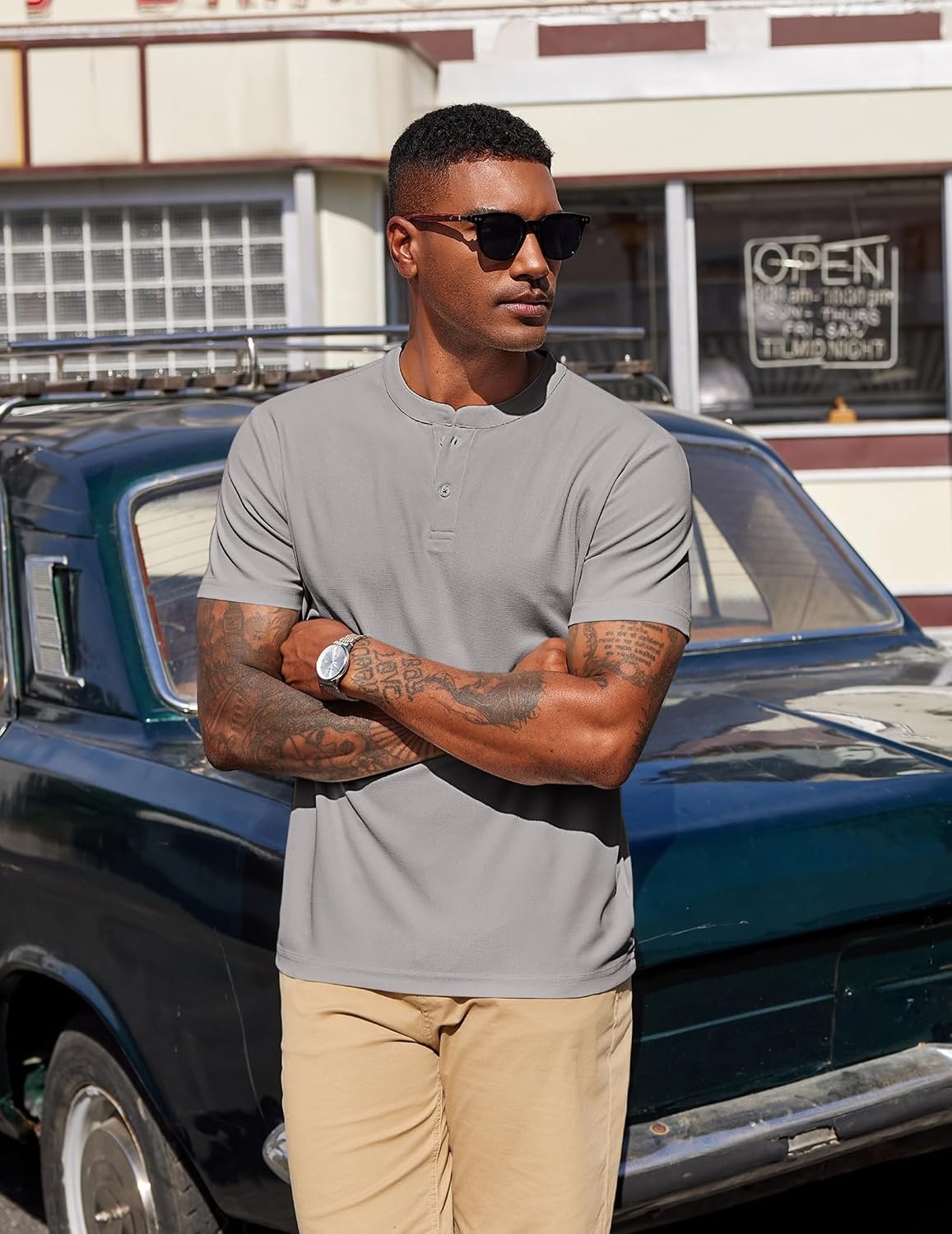 image:imageCOOFANDY Mens Henley Shirts Short Sleeve Texture Casual Button Henley Summer Classic Basic Tee ShirtsLight Grey