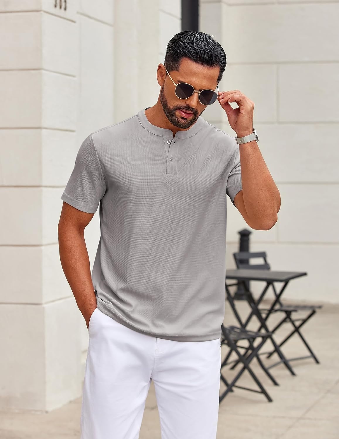 image:imageCOOFANDY Mens Henley Shirts Short Sleeve Texture Casual Button Henley Summer Classic Basic Tee ShirtsLight Grey