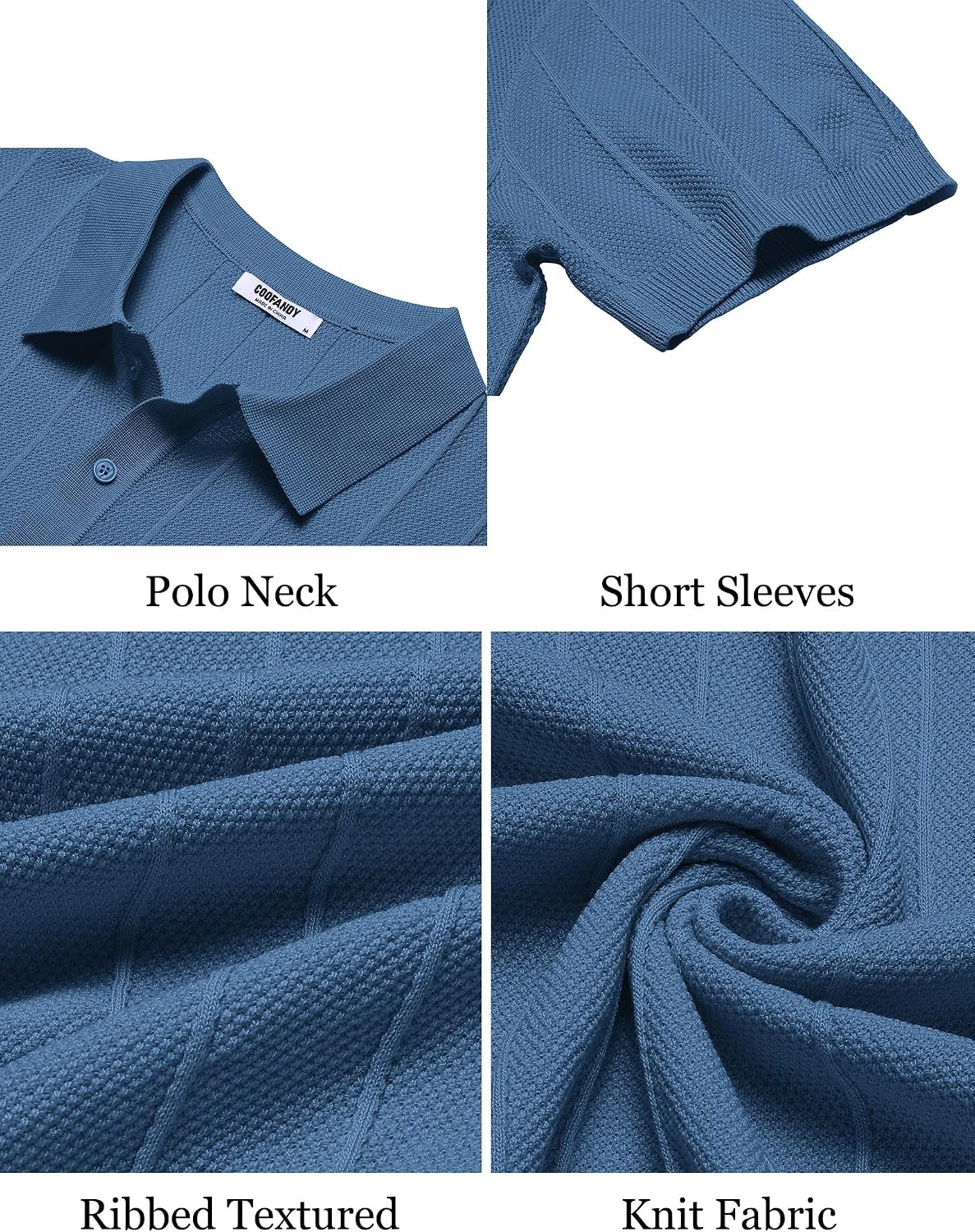 image:imageCOOFANDY Mens Knit Polo Shirts Short Sleeve Ribbed Textured Polo Shirt Lightweight Casual Golf Shirts Collared T ShirtDenim Blue