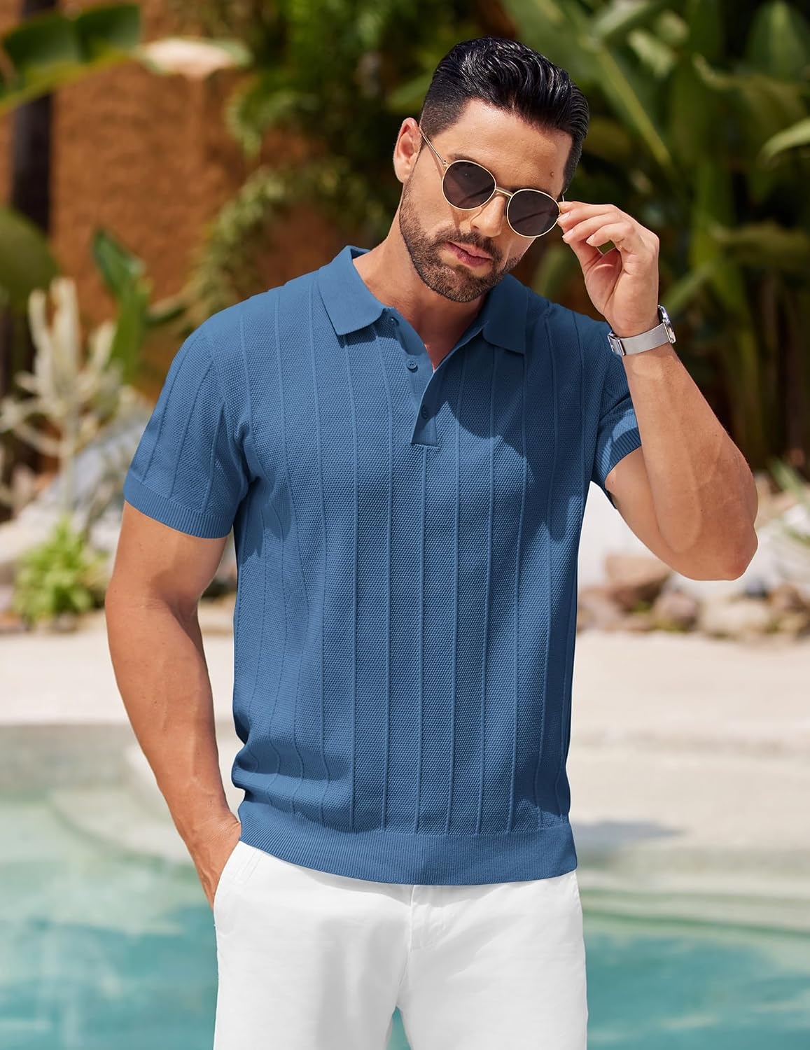 image:imageCOOFANDY Mens Knit Polo Shirts Short Sleeve Ribbed Textured Polo Shirt Lightweight Casual Golf Shirts Collared T ShirtDenim Blue