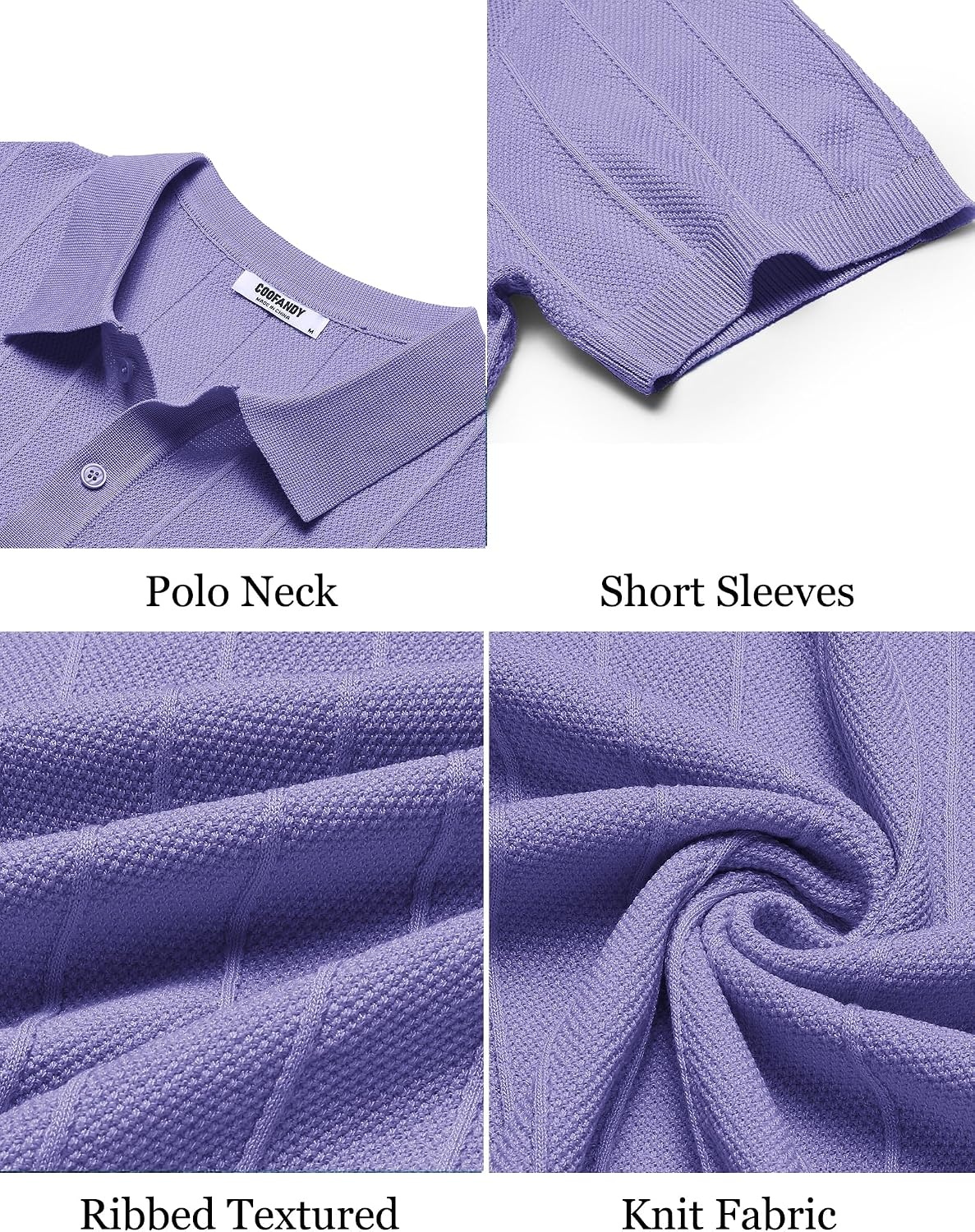 image:imageCOOFANDY Mens Knit Polo Shirts Short Sleeve Ribbed Textured Polo Shirt Lightweight Casual Golf Shirts Collared T ShirtLight Purple