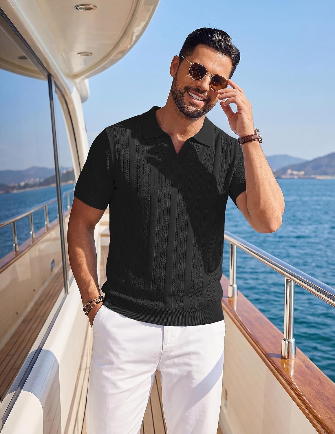 image:imageCOOFANDY Mens Knit Polo Shirts Short Sleeve Textured Polo Shirt VNeck Casual Stretch Summer Golf TopsBlack