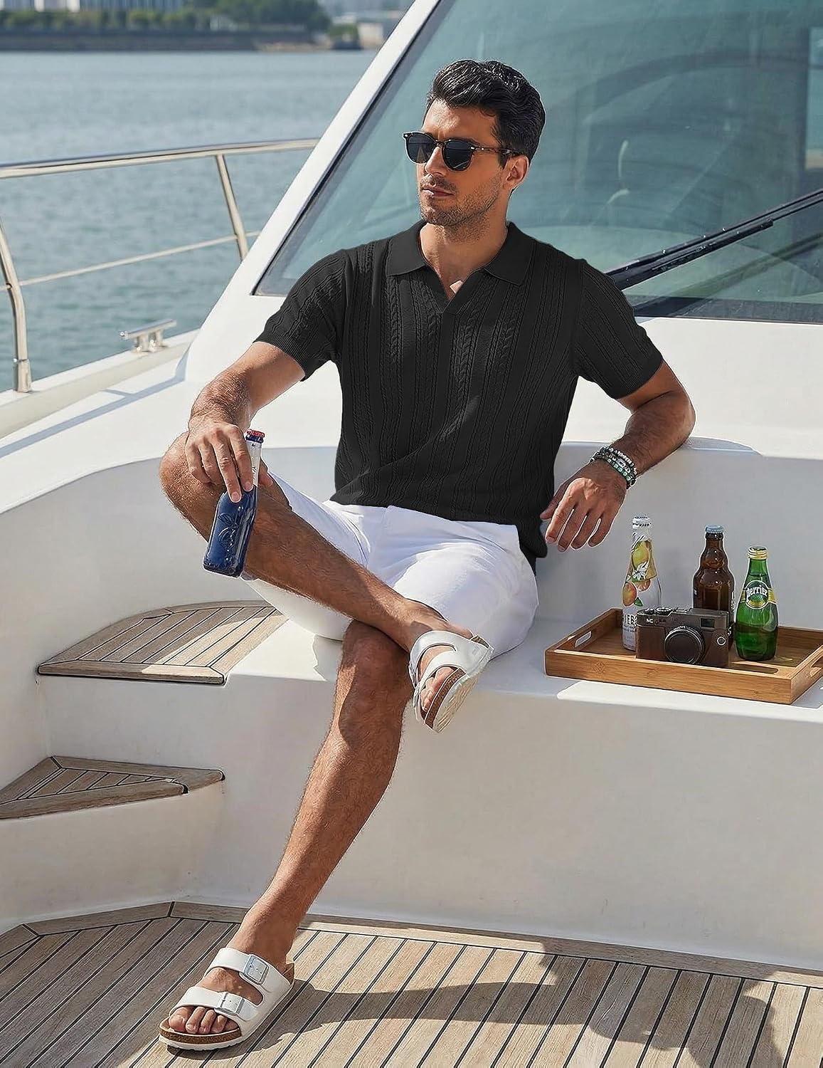 image:imageCOOFANDY Mens Knit Polo Shirts Short Sleeve Textured Polo Shirt VNeck Casual Stretch Summer Golf TopsBlack