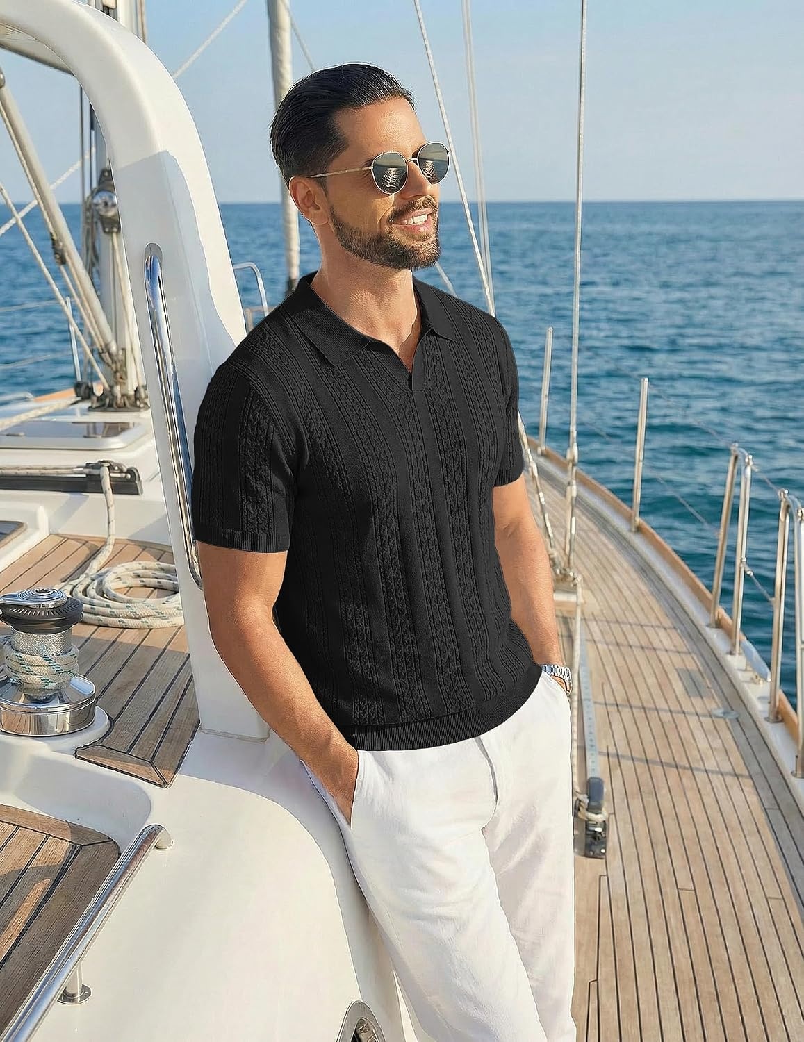 image:imageCOOFANDY Mens Knit Polo Shirts Short Sleeve Textured Polo Shirt VNeck Casual Stretch Summer Golf TopsBlack