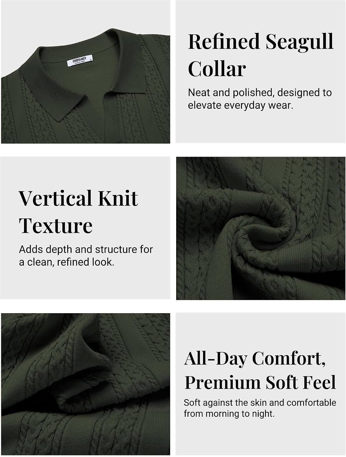 image:imageCOOFANDY Mens Knit Polo Shirts Short Sleeve Textured Polo Shirt VNeck Casual Stretch Summer Golf TopsDark Green