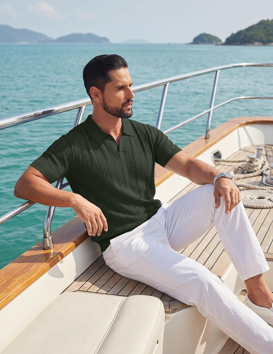 image:imageCOOFANDY Mens Knit Polo Shirts Short Sleeve Textured Polo Shirt VNeck Casual Stretch Summer Golf TopsDark Green
