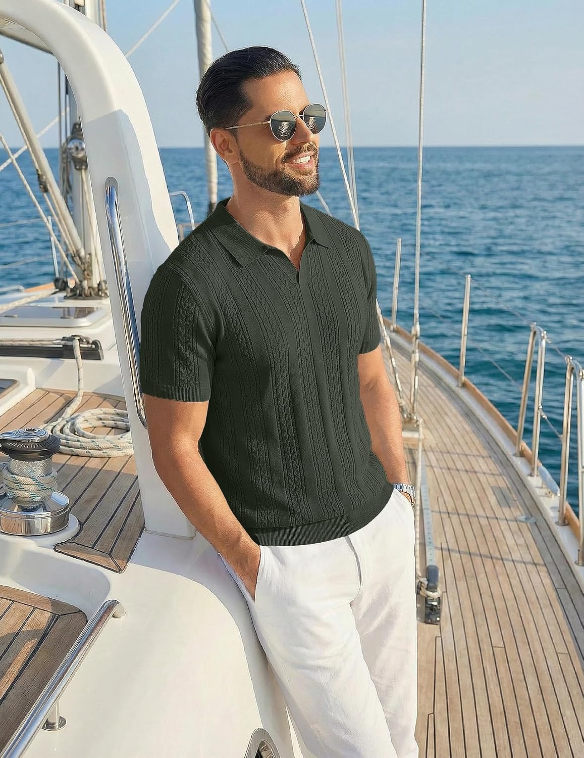 image:imageCOOFANDY Mens Knit Polo Shirts Short Sleeve Textured Polo Shirt VNeck Casual Stretch Summer Golf TopsDark Green