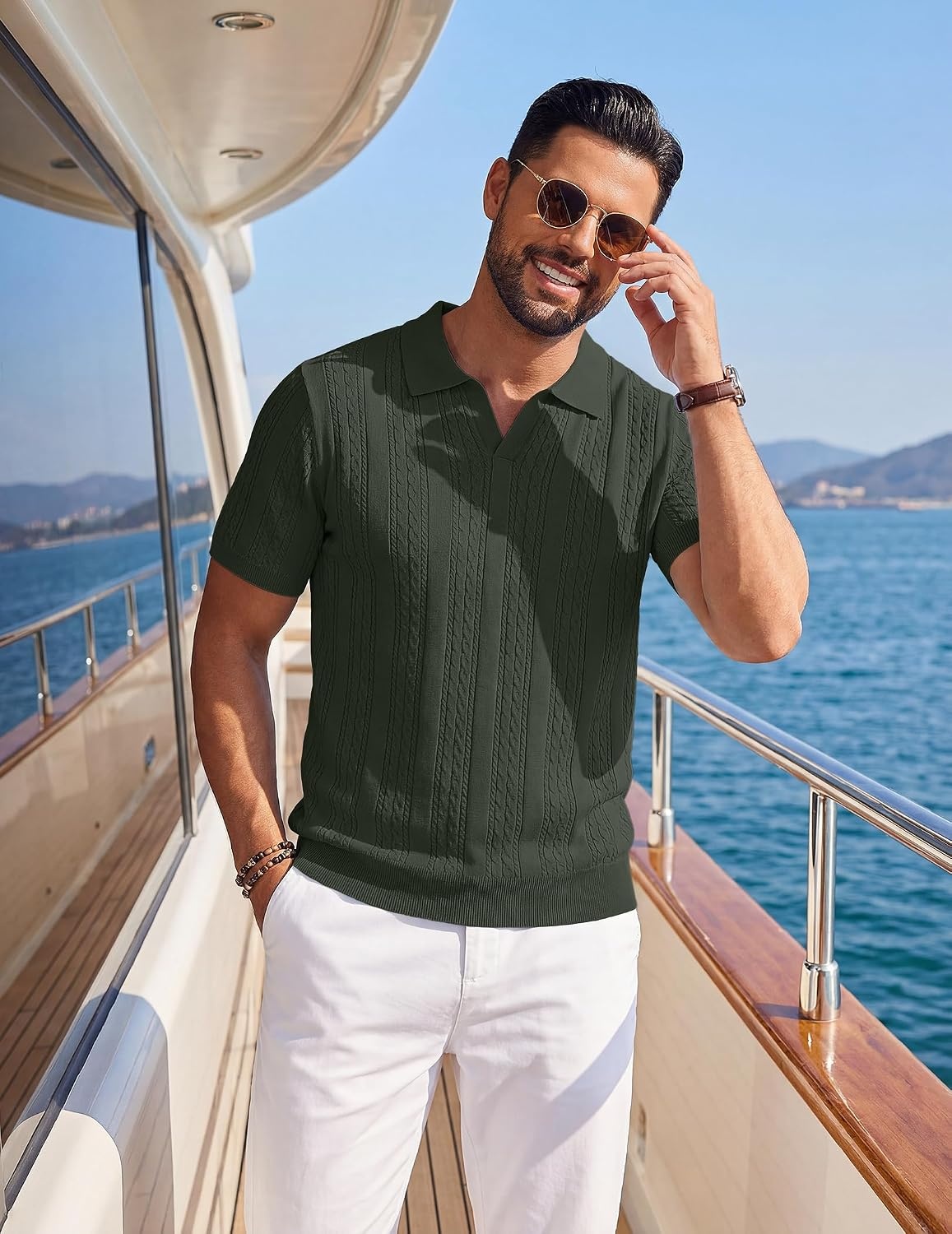 image:imageCOOFANDY Mens Knit Polo Shirts Short Sleeve Textured Polo Shirt VNeck Casual Stretch Summer Golf TopsDark Green