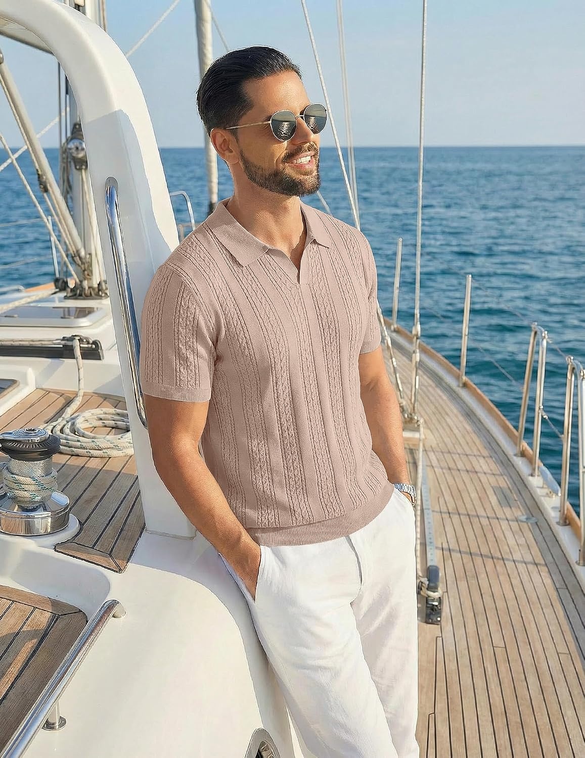 image:imageCOOFANDY Mens Knit Polo Shirts Short Sleeve Textured Polo Shirt VNeck Casual Stretch Summer Golf TopsKhaki