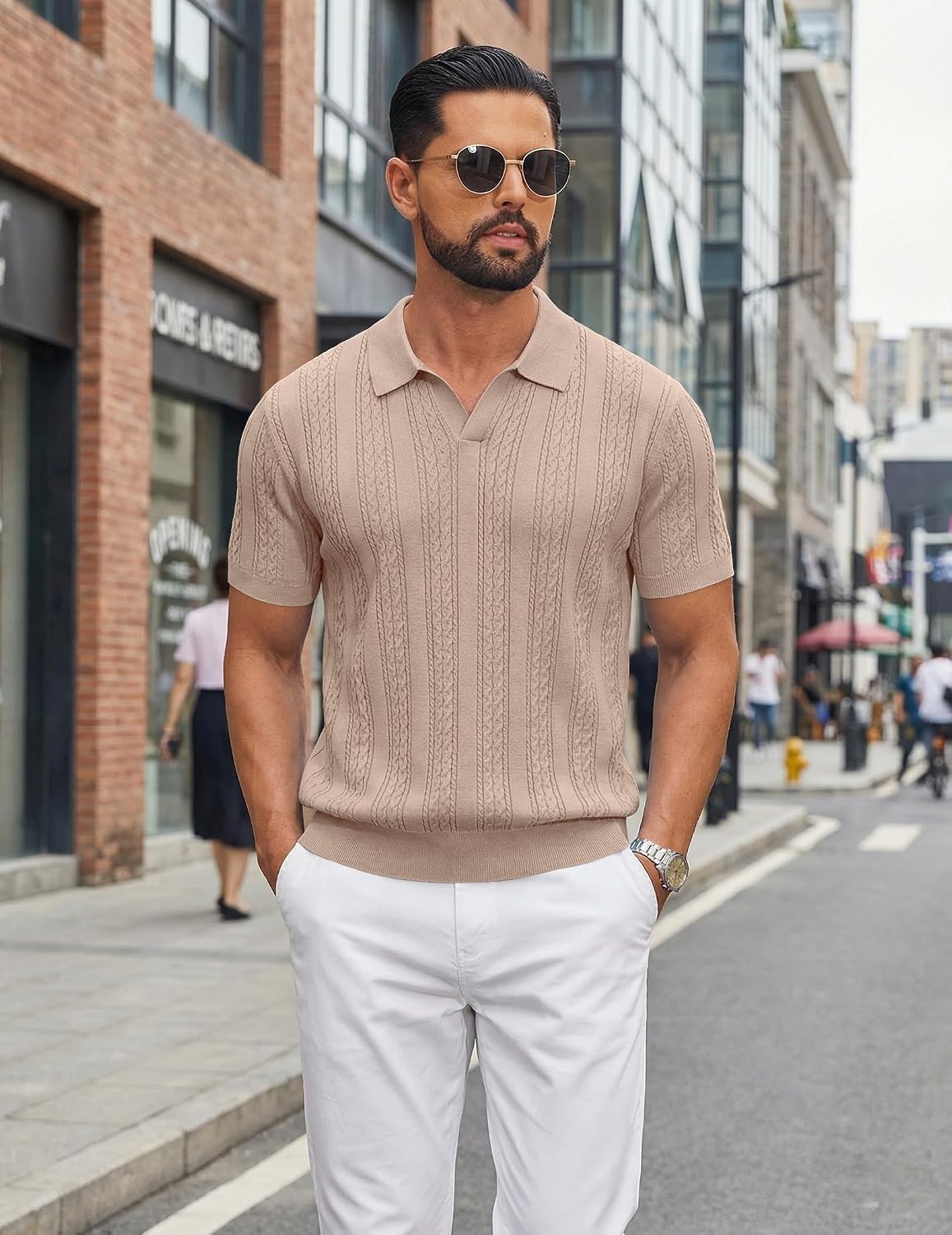 image:imageCOOFANDY Mens Knit Polo Shirts Short Sleeve Textured Polo Shirt VNeck Casual Stretch Summer Golf TopsKhaki