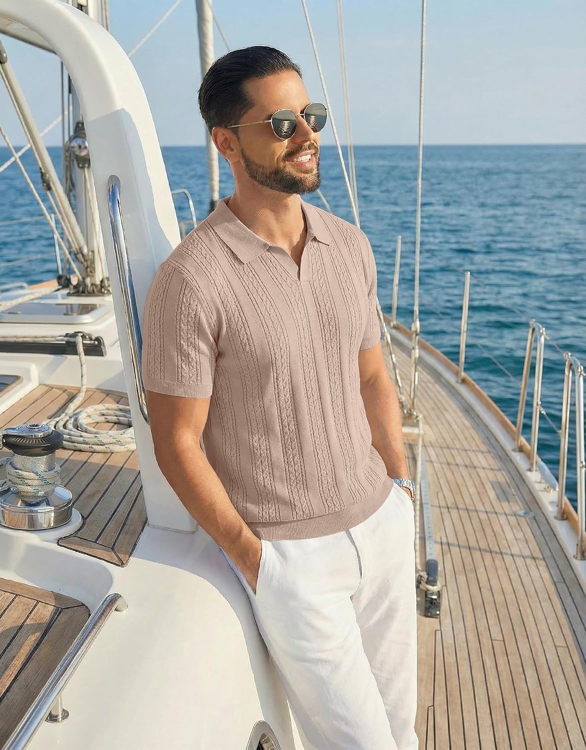 image:imageCOOFANDY Mens Knit Polo Shirts Short Sleeve Textured Polo Shirt VNeck Casual Stretch Summer Golf TopsKhaki