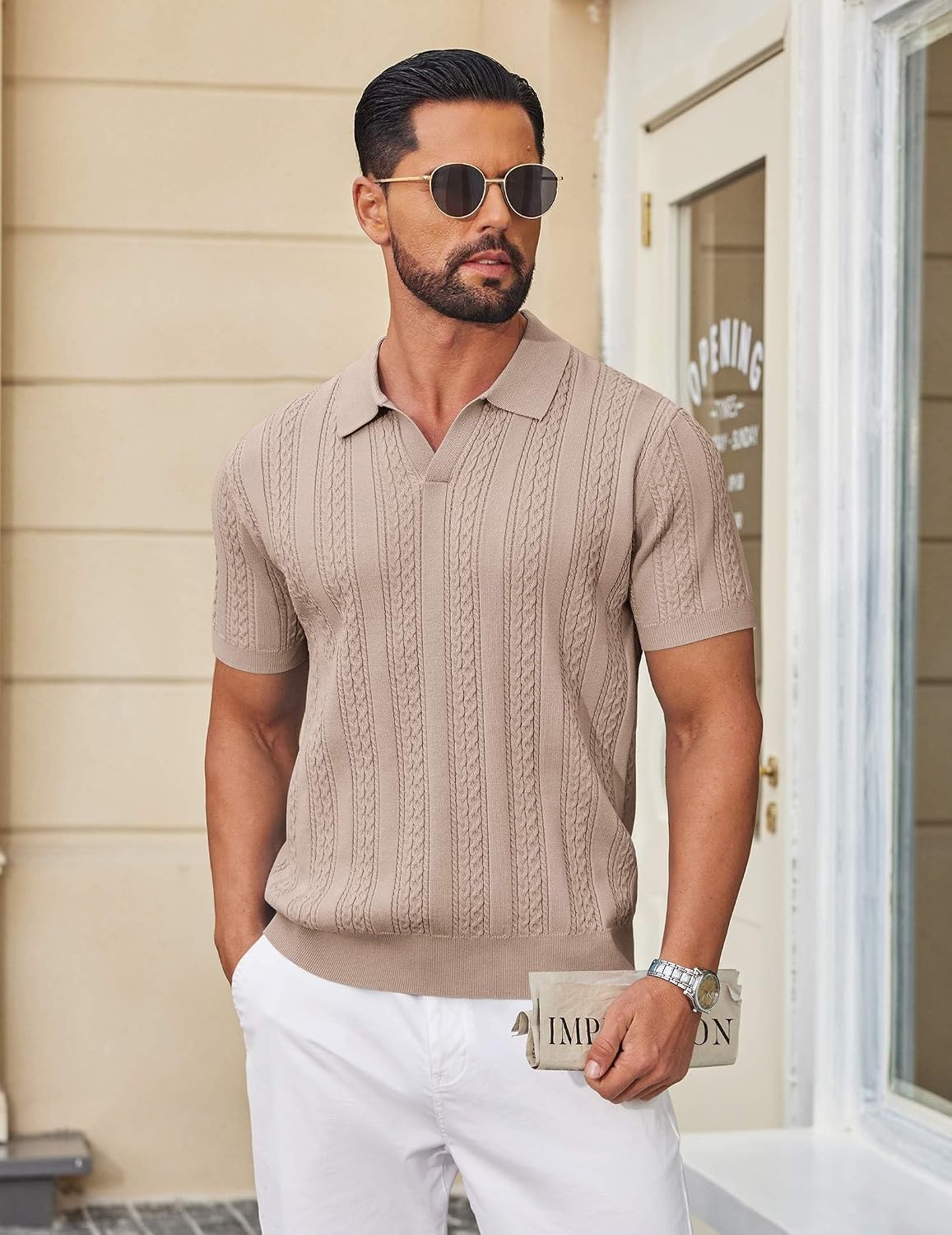 image:imageCOOFANDY Mens Knit Polo Shirts Short Sleeve Textured Polo Shirt VNeck Casual Stretch Summer Golf TopsKhaki