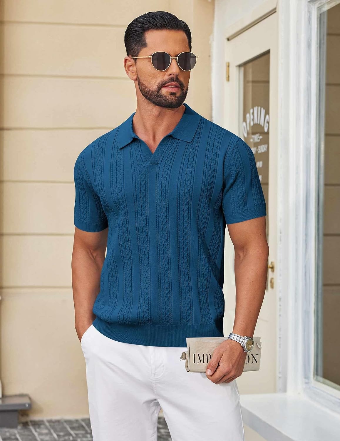 image:imageCOOFANDY Mens Knit Polo Shirts Short Sleeve Textured Polo Shirt VNeck Casual Stretch Summer Golf TopsLake Blue