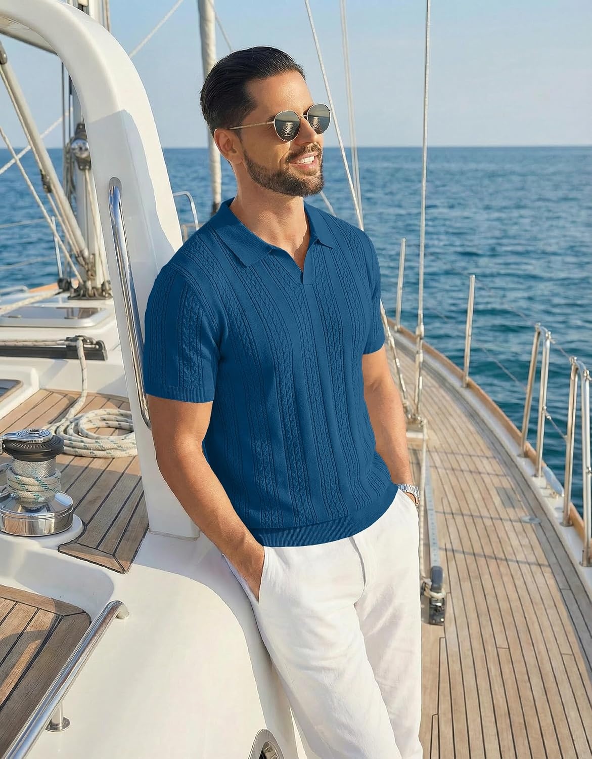 image:imageCOOFANDY Mens Knit Polo Shirts Short Sleeve Textured Polo Shirt VNeck Casual Stretch Summer Golf TopsLake Blue