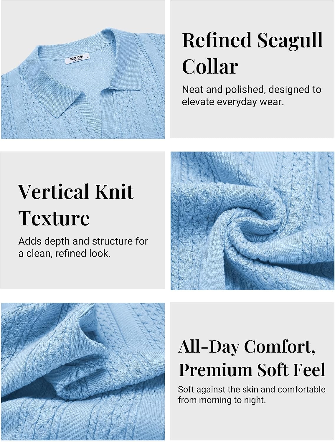 image:imageCOOFANDY Mens Knit Polo Shirts Short Sleeve Textured Polo Shirt VNeck Casual Stretch Summer Golf TopsLight Blue