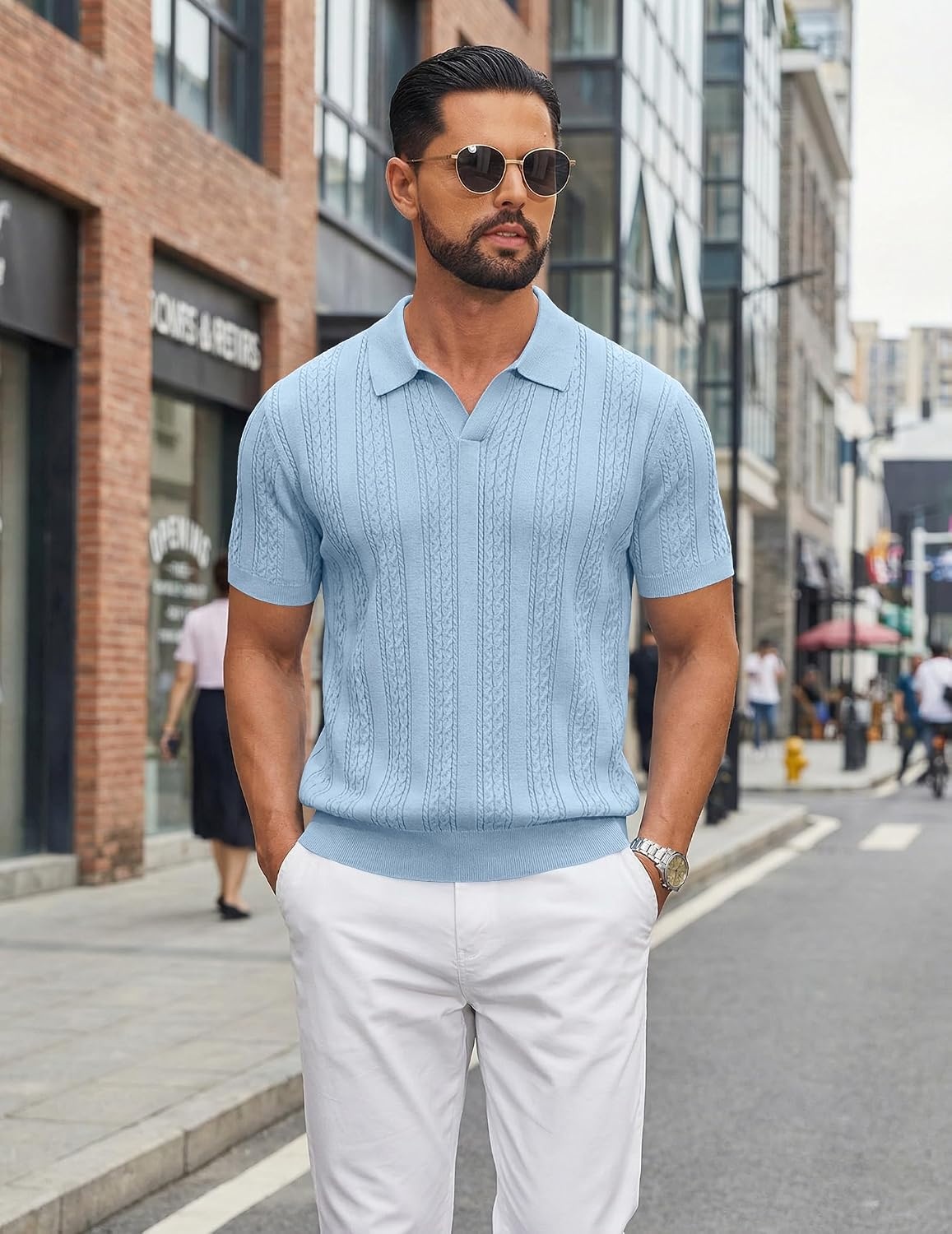 image:imageCOOFANDY Mens Knit Polo Shirts Short Sleeve Textured Polo Shirt VNeck Casual Stretch Summer Golf TopsLight Blue