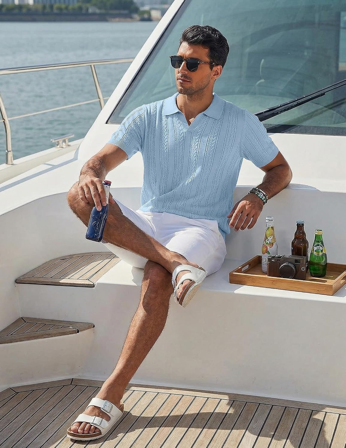 image:imageCOOFANDY Mens Knit Polo Shirts Short Sleeve Textured Polo Shirt VNeck Casual Stretch Summer Golf TopsLight Blue