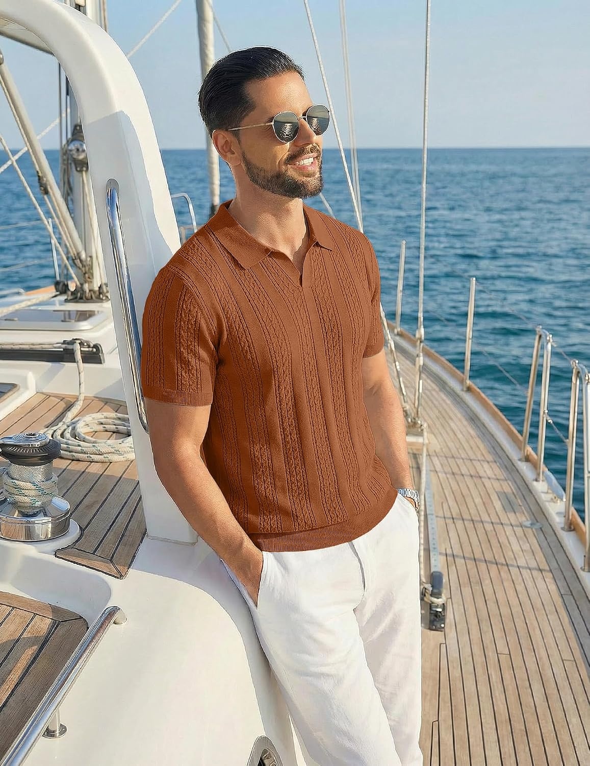 image:imageCOOFANDY Mens Knit Polo Shirts Short Sleeve Textured Polo Shirt VNeck Casual Stretch Summer Golf TopsLight Brown