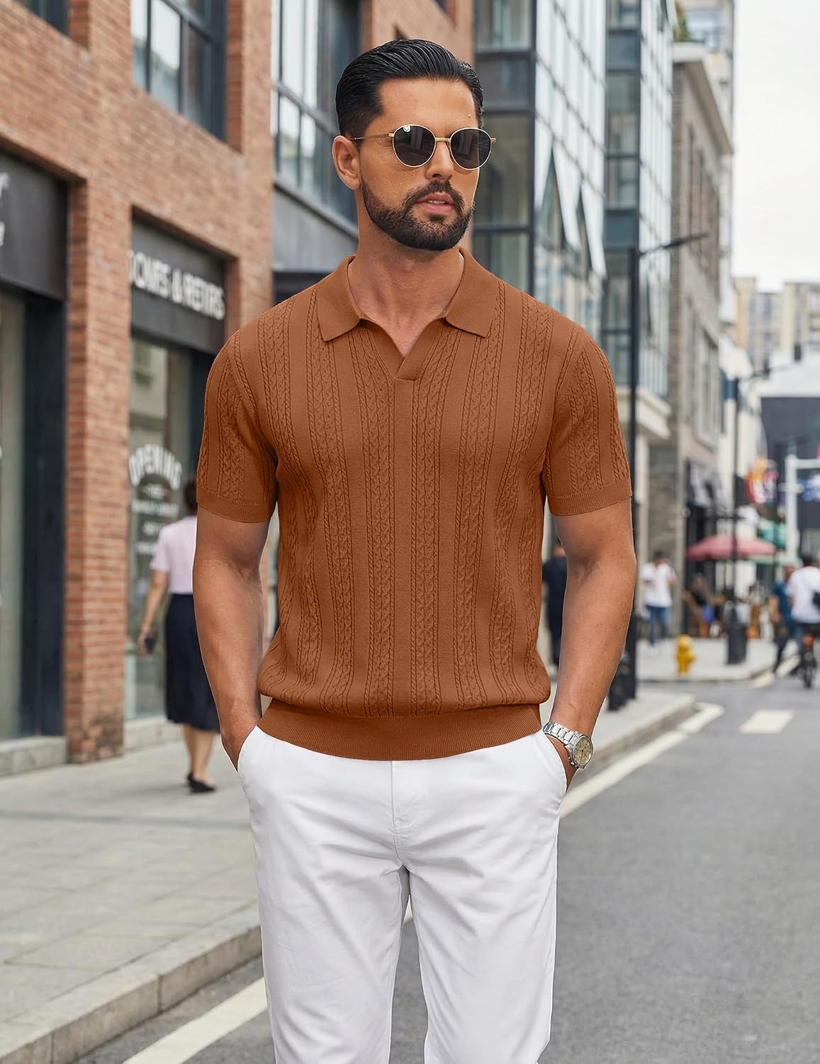 image:imageCOOFANDY Mens Knit Polo Shirts Short Sleeve Textured Polo Shirt VNeck Casual Stretch Summer Golf TopsLight Brown