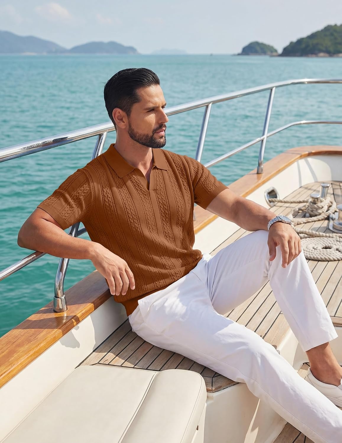 image:imageCOOFANDY Mens Knit Polo Shirts Short Sleeve Textured Polo Shirt VNeck Casual Stretch Summer Golf TopsLight Brown