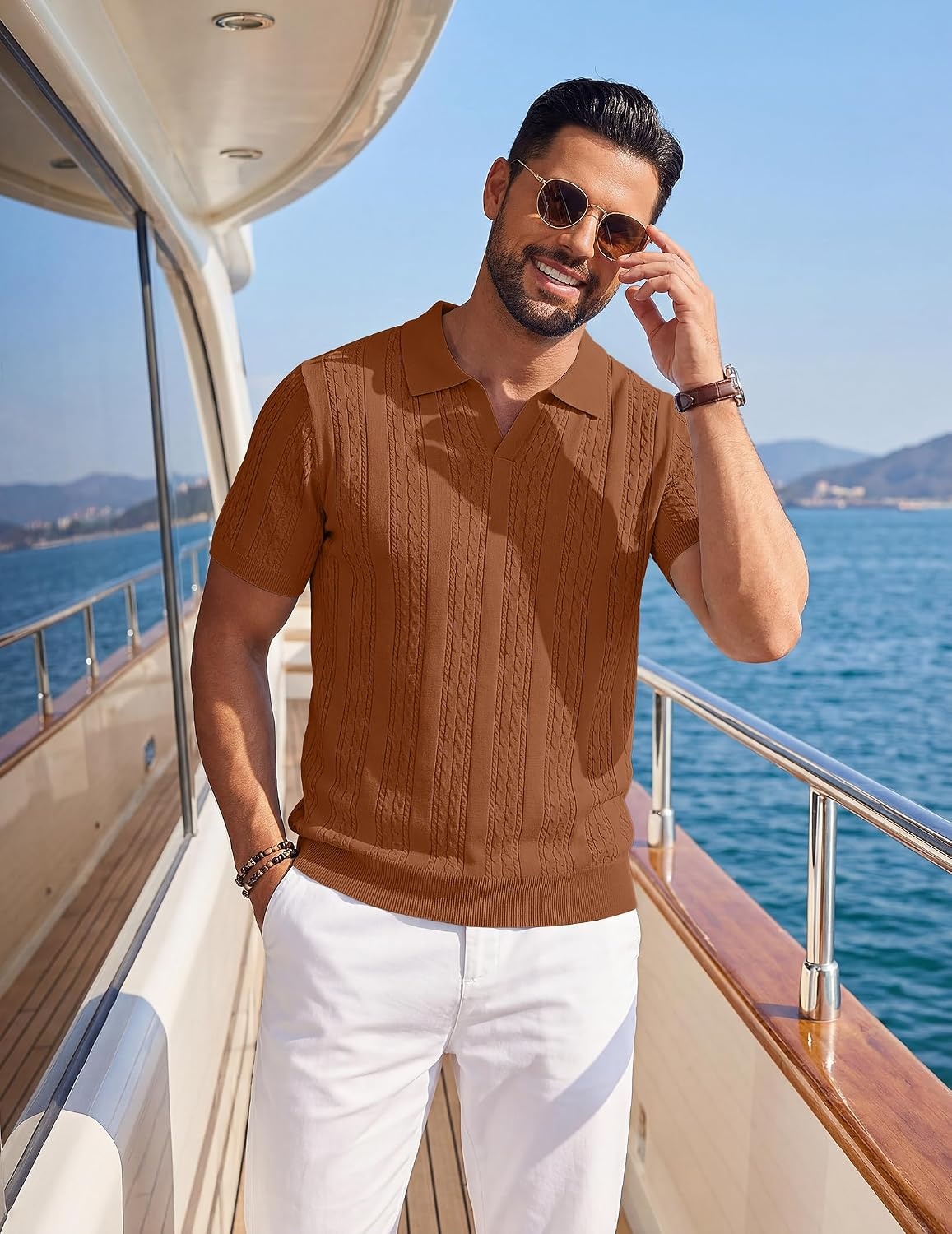 image:imageCOOFANDY Mens Knit Polo Shirts Short Sleeve Textured Polo Shirt VNeck Casual Stretch Summer Golf TopsLight Brown