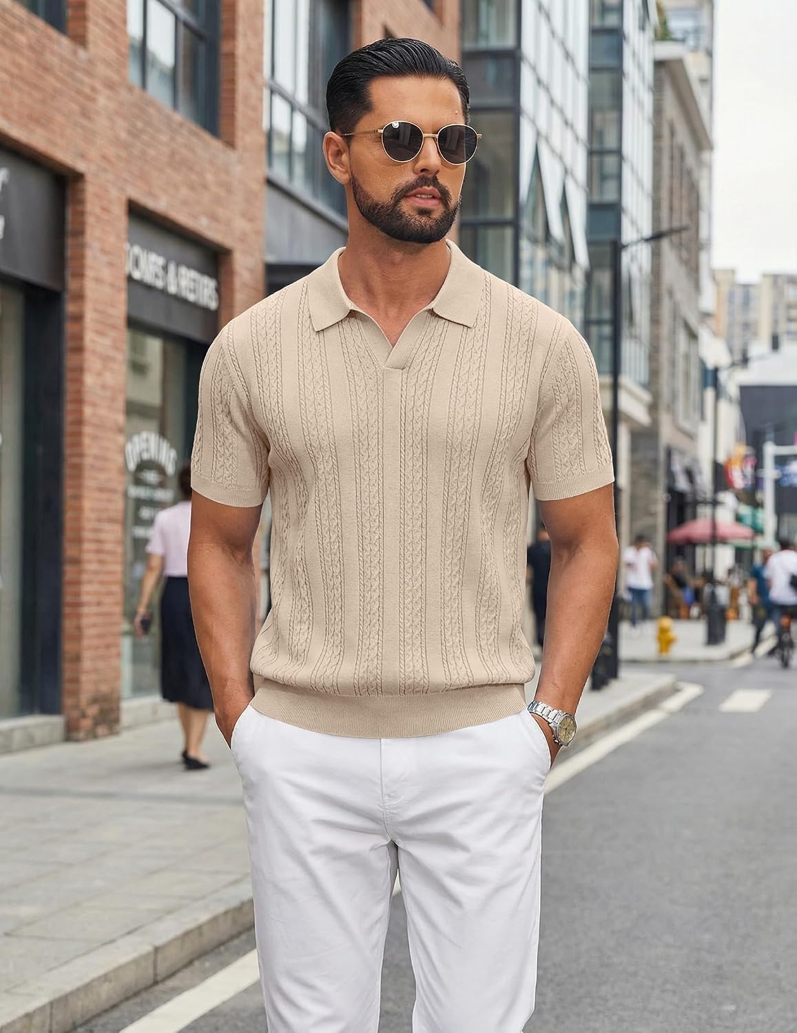 image:imageCOOFANDY Mens Knit Polo Shirts Short Sleeve Textured Polo Shirt VNeck Casual Stretch Summer Golf TopsLight Scarlet
