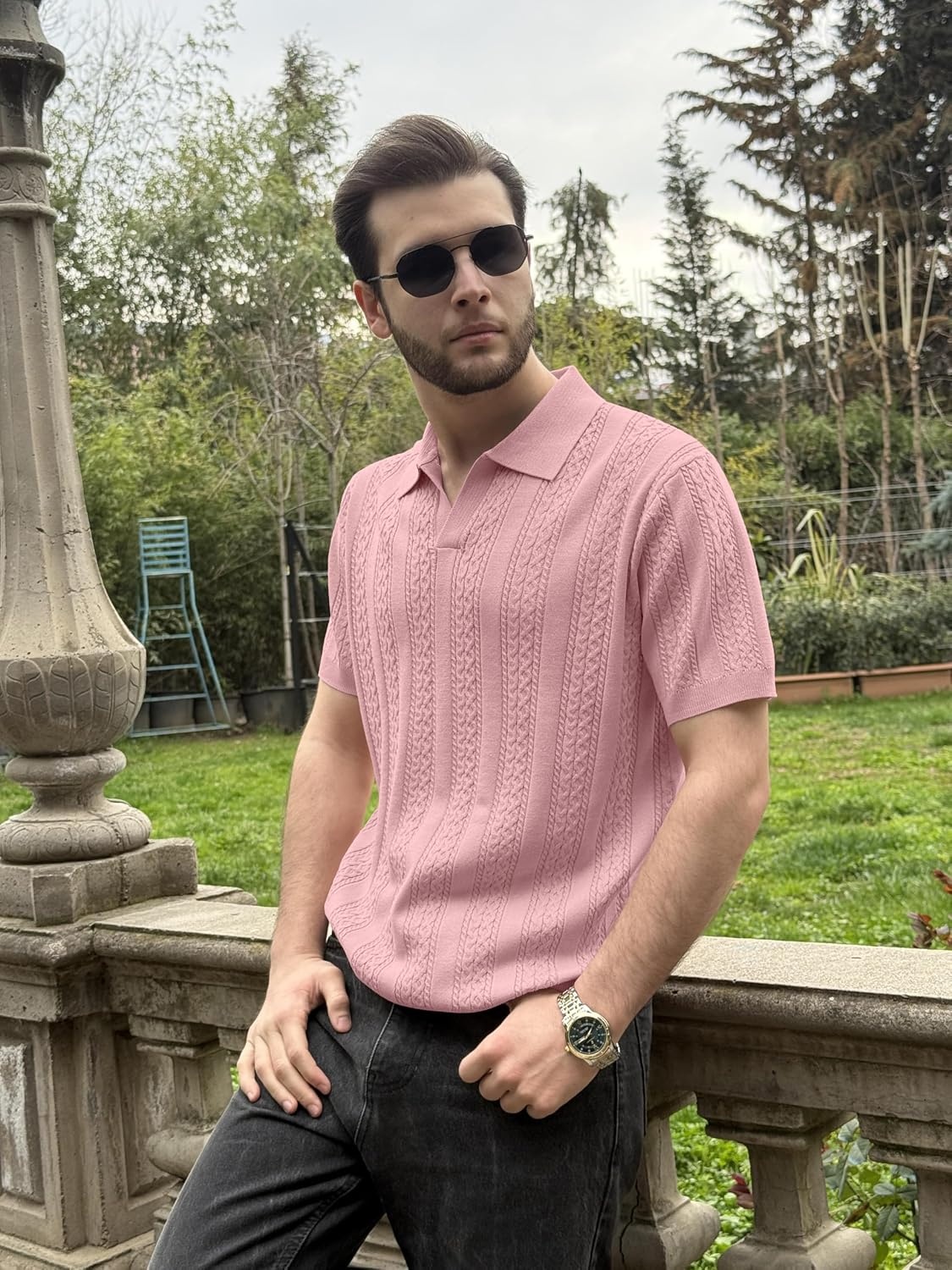 image:imageCOOFANDY Mens Knit Polo Shirts Short Sleeve Textured Polo Shirt VNeck Casual Stretch Summer Golf TopsLotus Pink