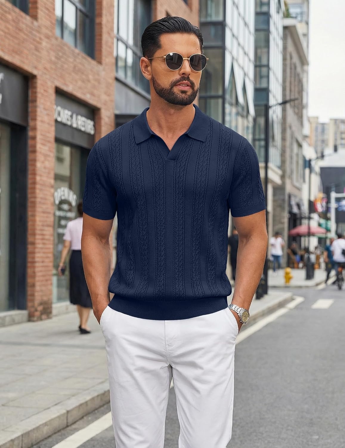 image:imageCOOFANDY Mens Knit Polo Shirts Short Sleeve Textured Polo Shirt VNeck Casual Stretch Summer Golf TopsNavy
