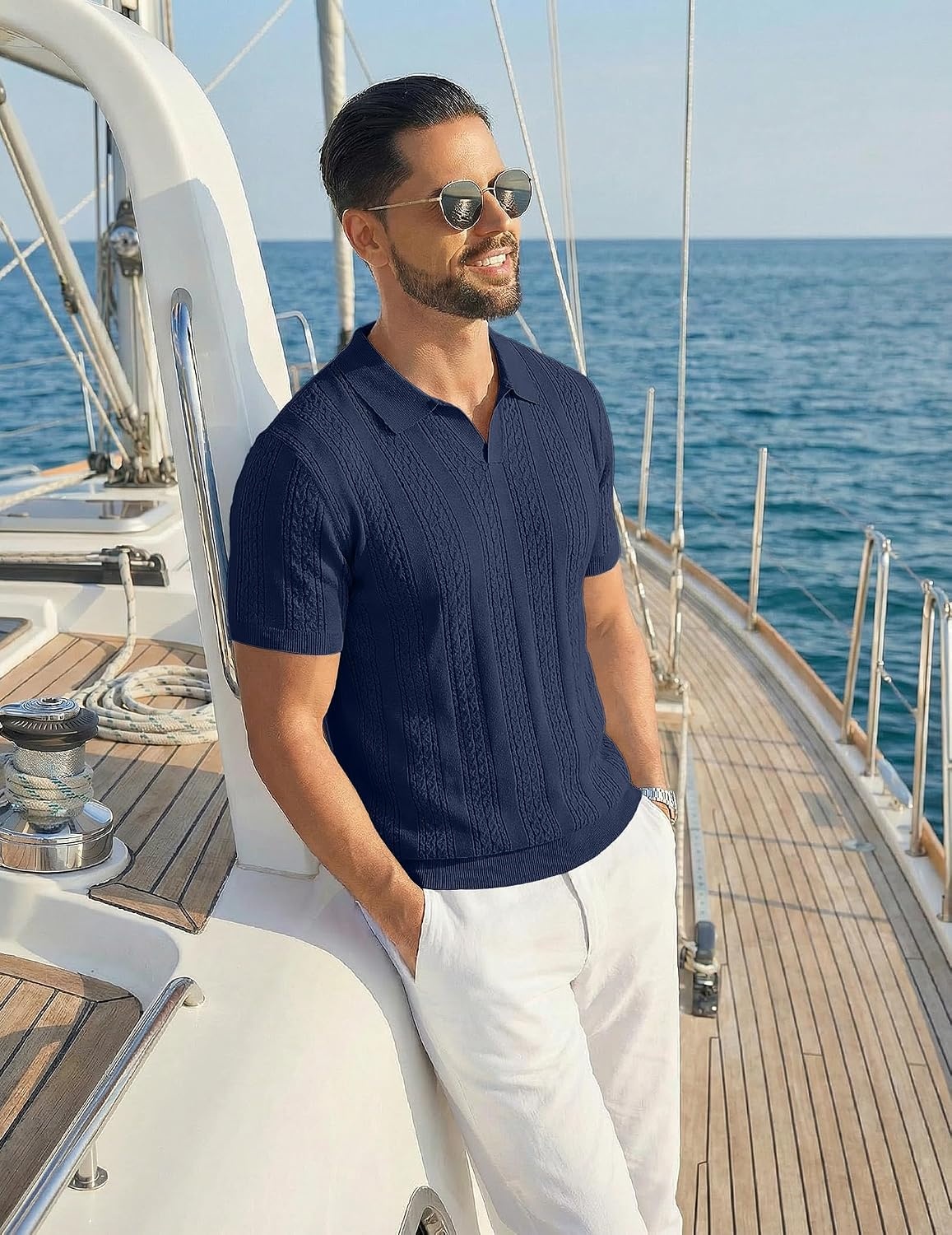 image:imageCOOFANDY Mens Knit Polo Shirts Short Sleeve Textured Polo Shirt VNeck Casual Stretch Summer Golf TopsNavy