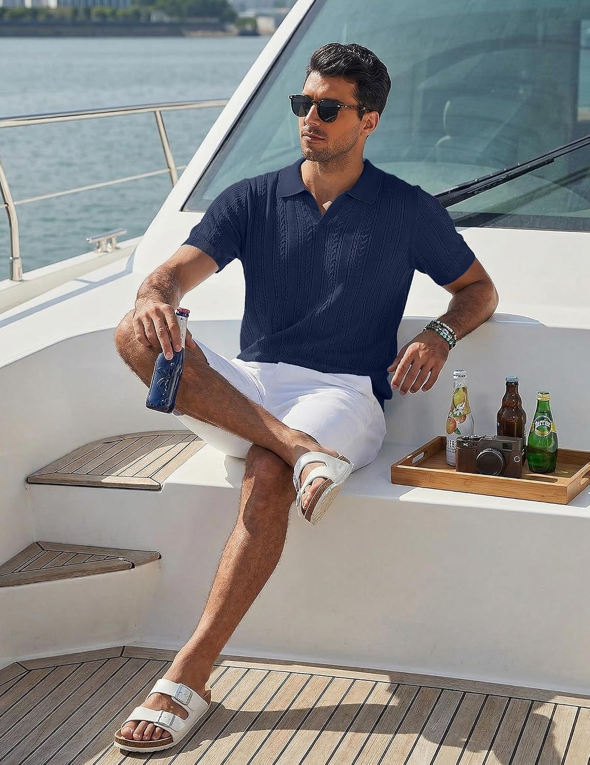image:imageCOOFANDY Mens Knit Polo Shirts Short Sleeve Textured Polo Shirt VNeck Casual Stretch Summer Golf TopsNavy
