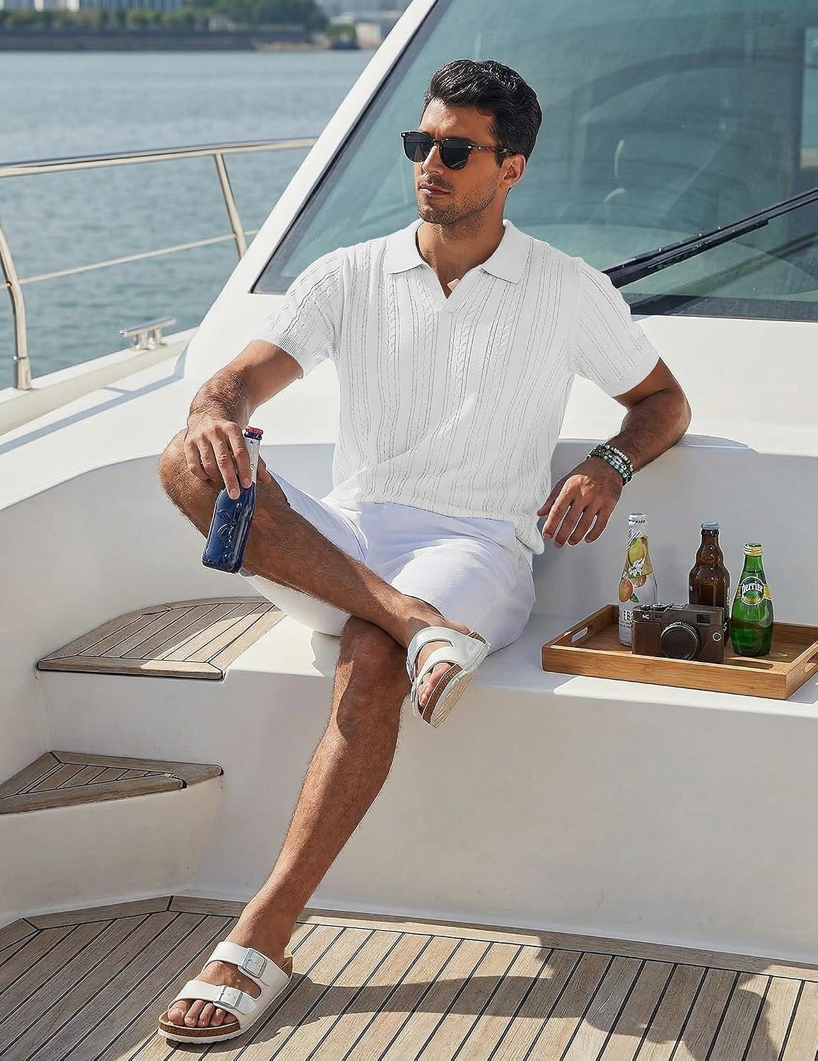 image:imageCOOFANDY Mens Knit Polo Shirts Short Sleeve Textured Polo Shirt VNeck Casual Stretch Summer Golf TopsWhite