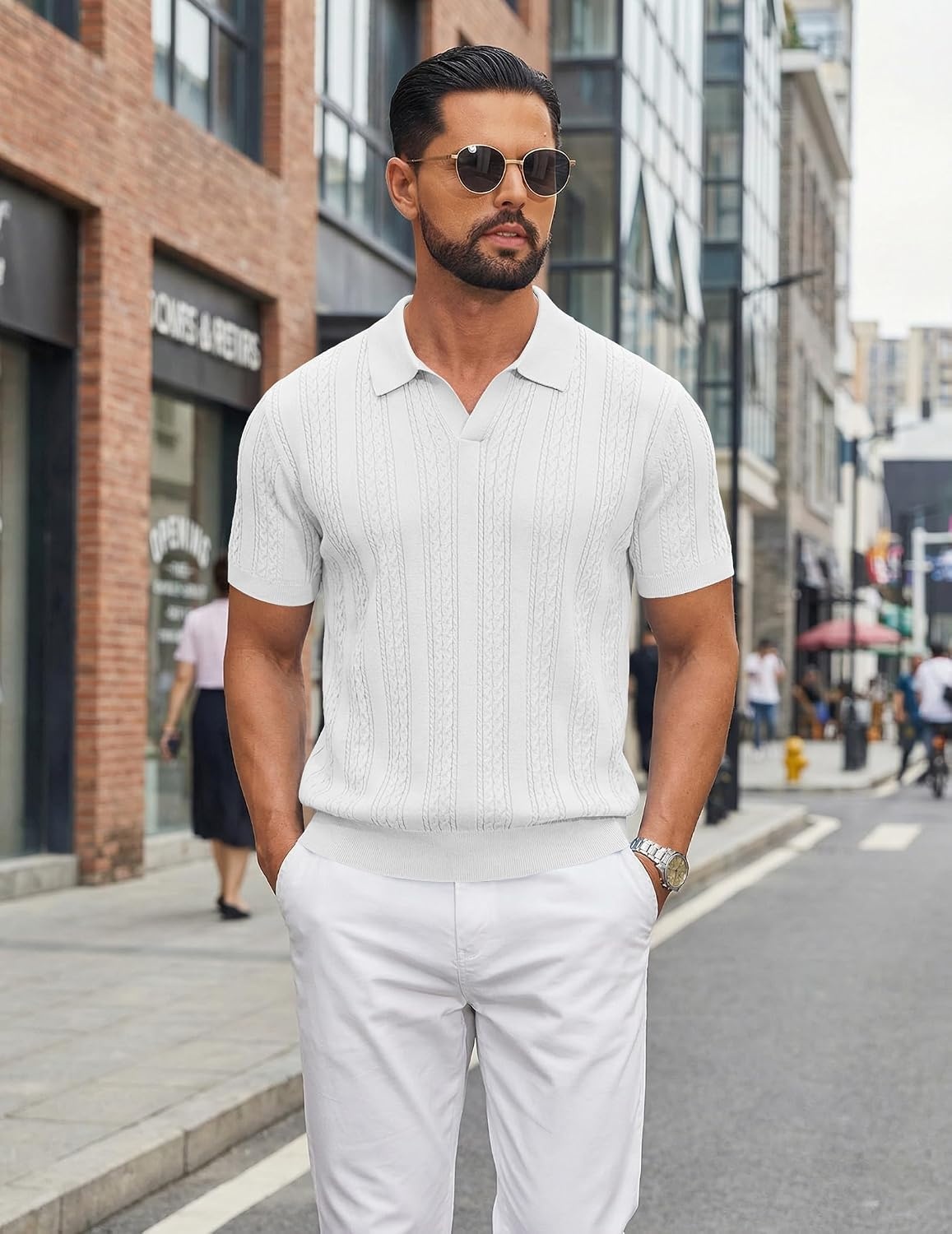 image:imageCOOFANDY Mens Knit Polo Shirts Short Sleeve Textured Polo Shirt VNeck Casual Stretch Summer Golf TopsWhite
