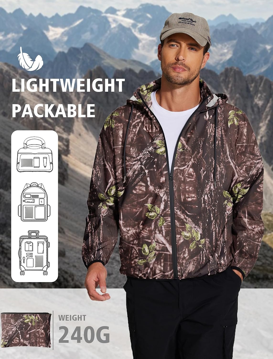 image:imageCOOFANDY Mens Light Rain Jacket with Hood Packable Waterproof Raincoat Golf Rain Gear Travel Hiking WindbreakerCamo Woodland
