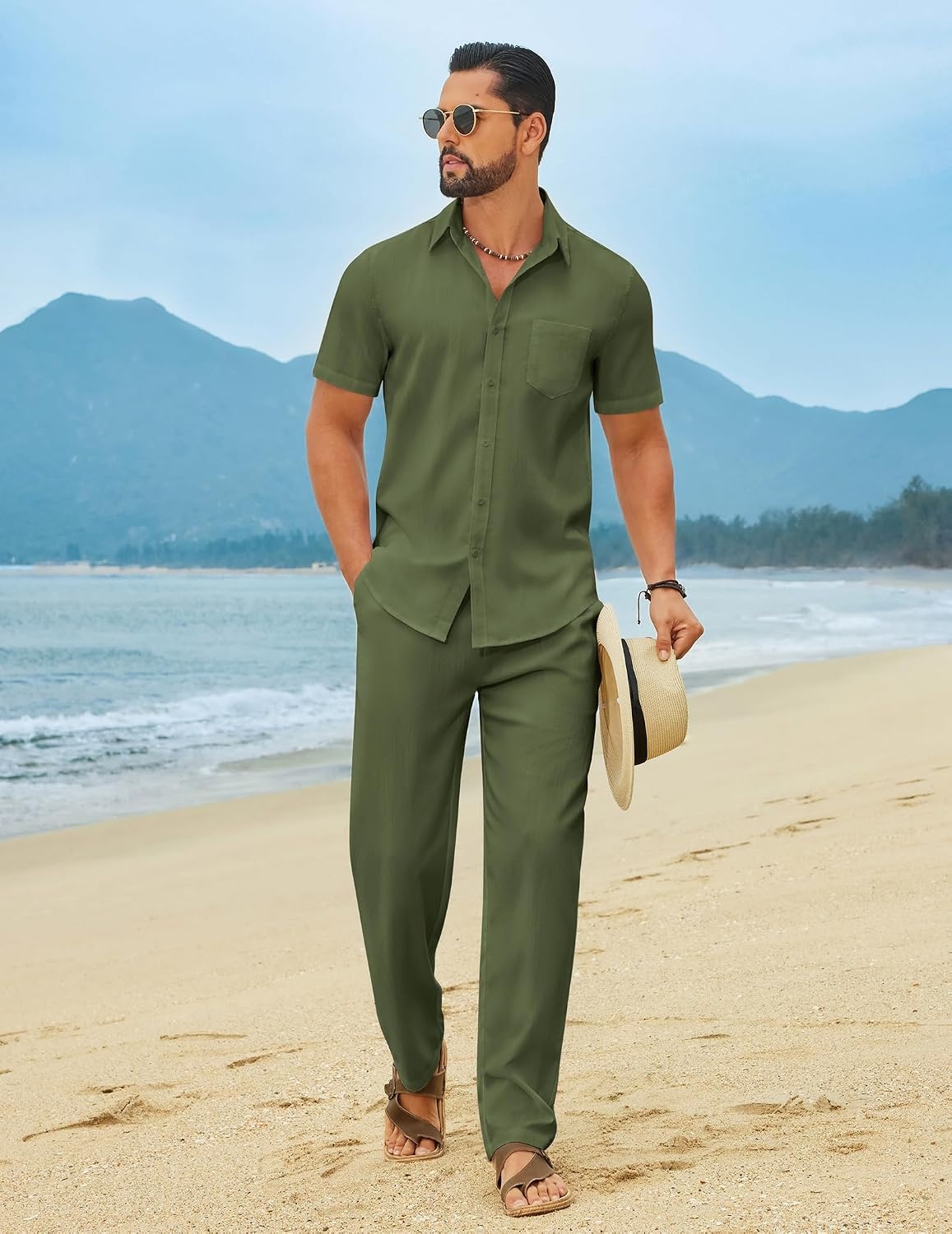 image:imageCOOFANDY Mens Linen Sets 2 Piece Beach Outfit Casual Short Sleeve Button Down Shirts Loose Pants Summer Vacation OutfitsArmy Green