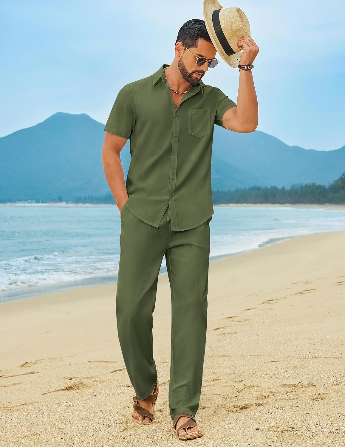 image:imageCOOFANDY Mens Linen Sets 2 Piece Beach Outfit Casual Short Sleeve Button Down Shirts Loose Pants Summer Vacation OutfitsArmy Green