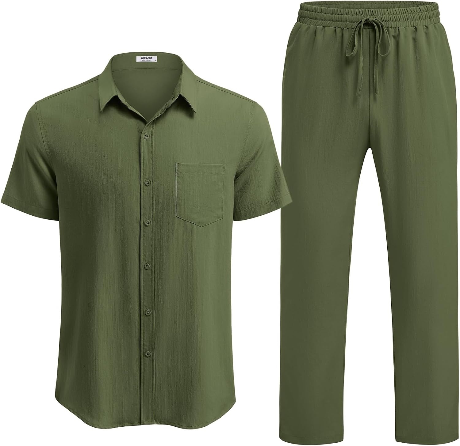 image:imageCOOFANDY Mens Linen Sets 2 Piece Beach Outfit Casual Short Sleeve Button Down Shirts Loose Pants Summer Vacation OutfitsArmy Green