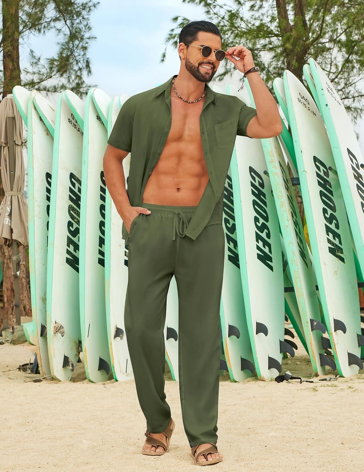 image:imageCOOFANDY Mens Linen Sets 2 Piece Beach Outfit Casual Short Sleeve Button Down Shirts Loose Pants Summer Vacation OutfitsArmy Green