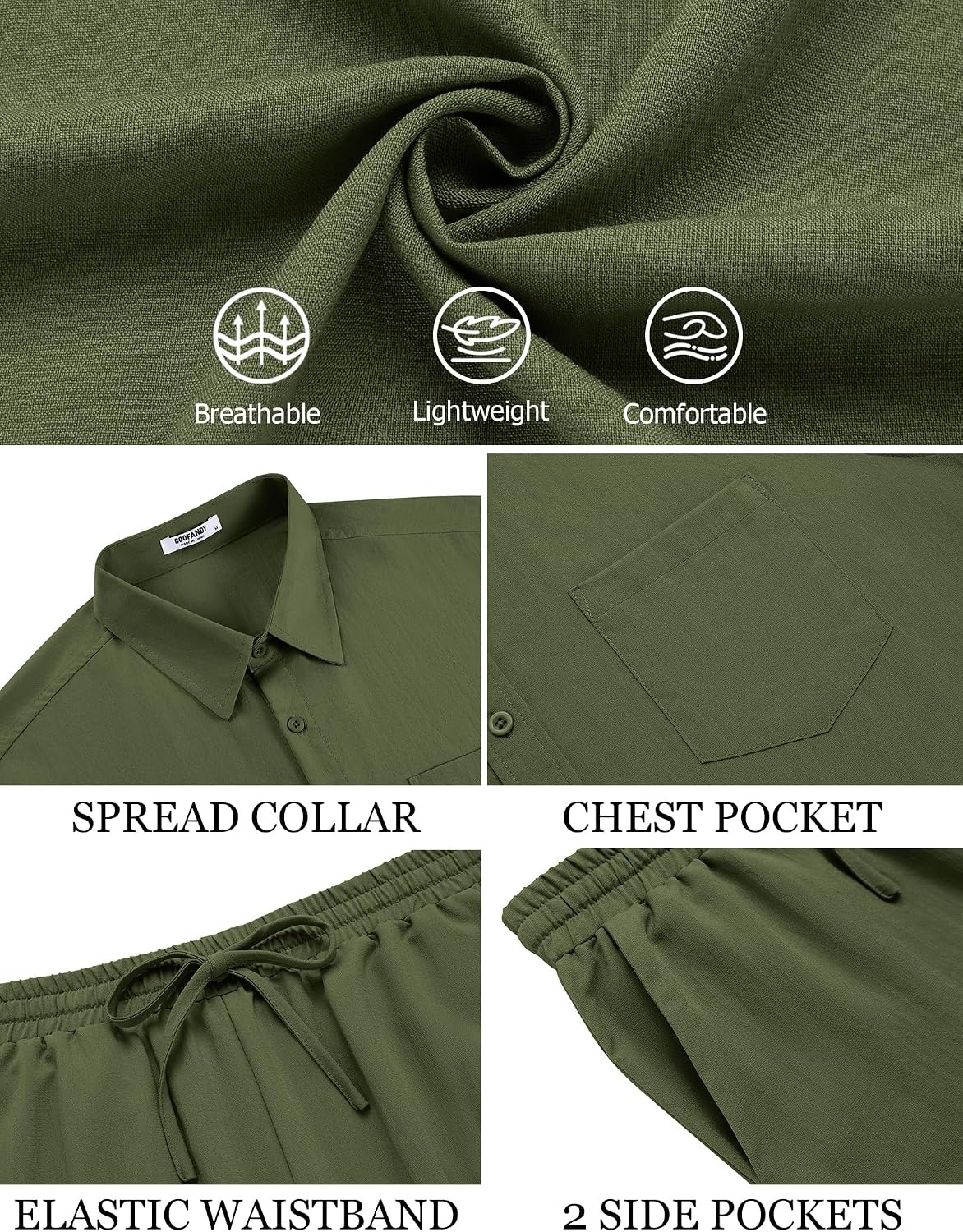 image:imageCOOFANDY Mens Linen Sets 2 Piece Beach Outfit Casual Short Sleeve Button Down Shirts Loose Pants Summer Vacation OutfitsArmy Green
